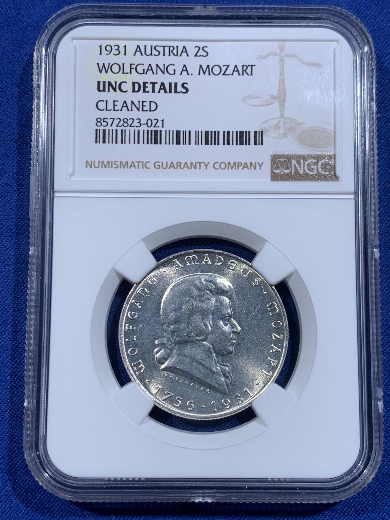 《竞宝斋》第421场 周日，周一，周二  3场连拍 （全场包邮） NGC UNC 奥地利1931年莫扎特2先令银币