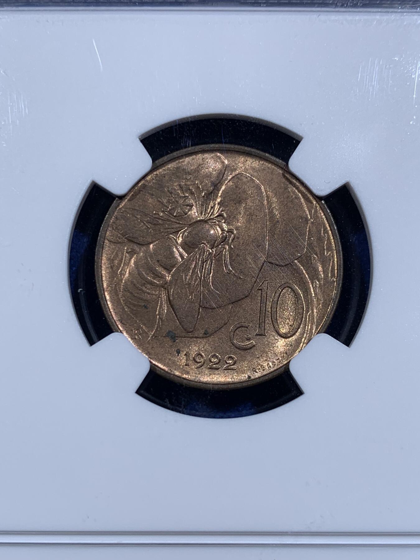 《竞宝斋》第421场 周日，周一，周二  3场连拍 （全场包邮） NGC MS63RB 意大利1922年小蜜蜂 市面常见20年的