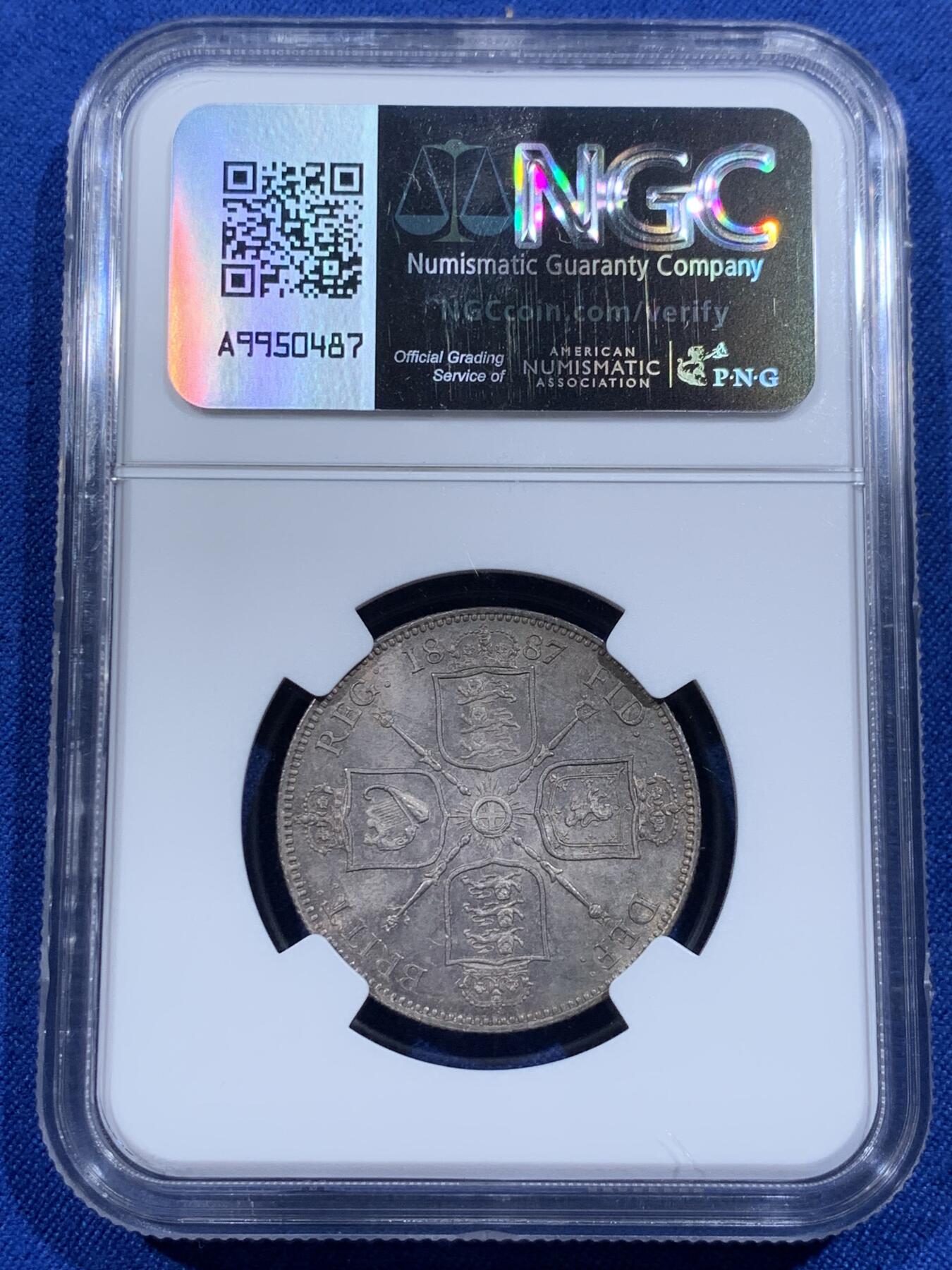 《竞宝斋》第421场 周日，周一，周二  3场连拍 （全场包邮） NGC MS63 英国1887年维多利亚2先令银币，原包浆。