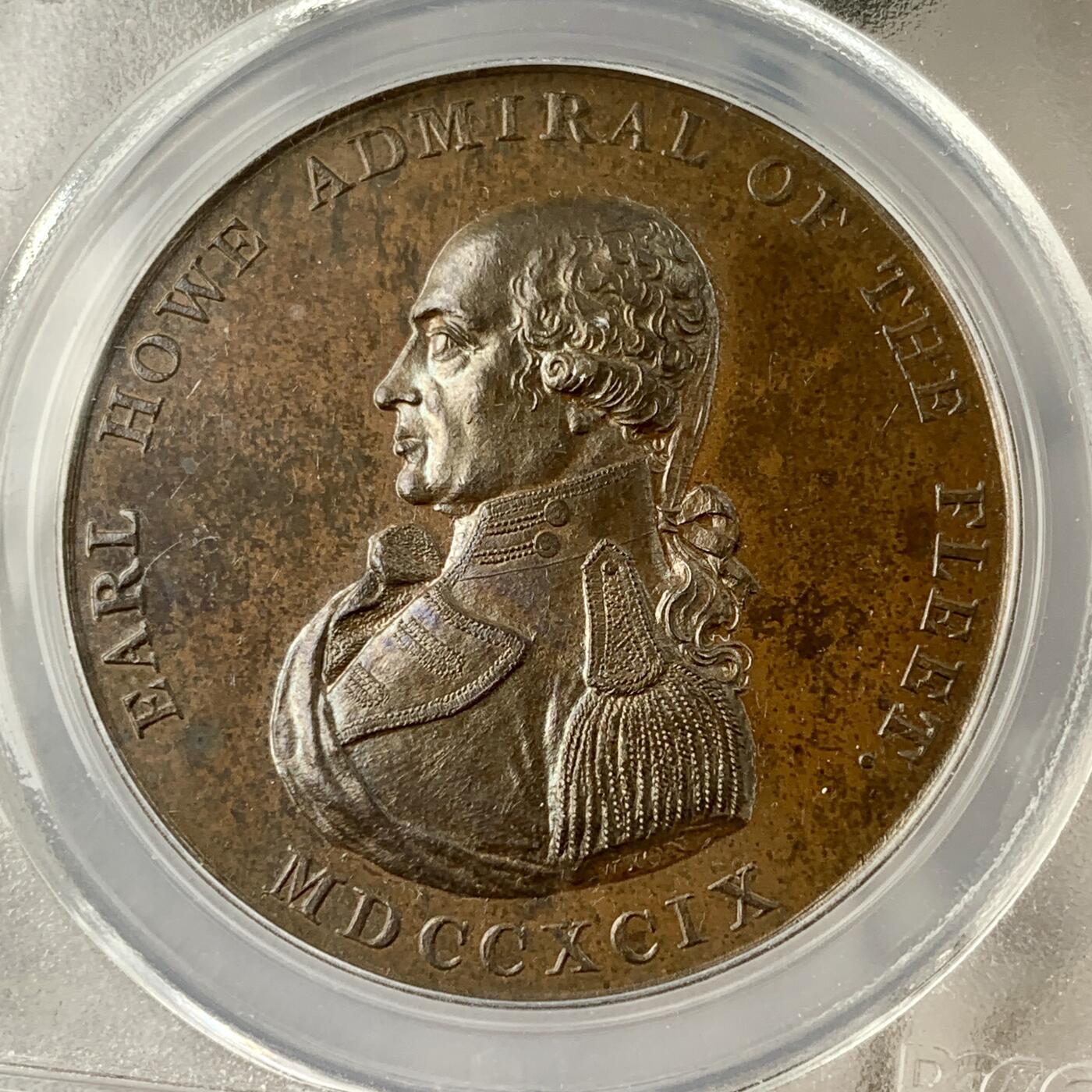 掌中浮雕-藏着的欧洲第036场 PCGS SP62 : 1799年英国海军上将理查德.豪逝世铜章，38mm