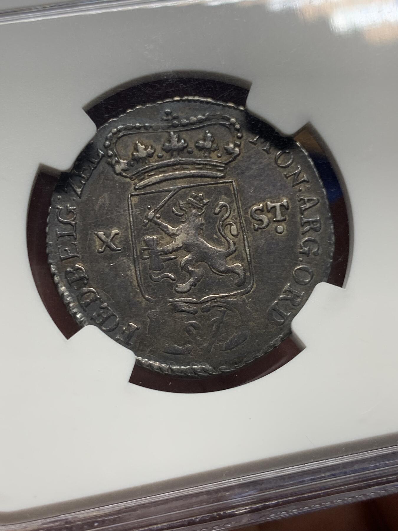 《竞宝斋》第421场 周日，周一，周二  3场连拍 （全场包邮） NGC AU50 荷兰东印度公司1791年10S 很少见的VOC货币，泽兰省女神，24年HA同年同版同分数，状态不如这个的，396刀成交。