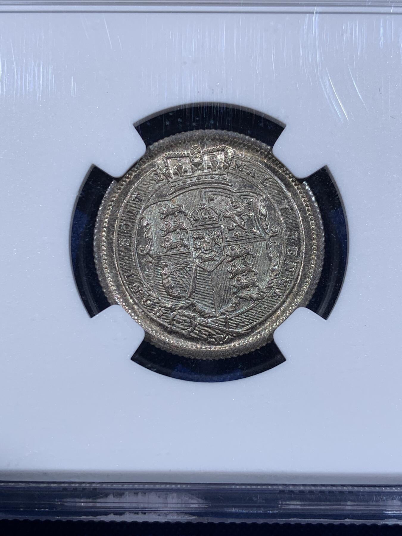 《竞宝斋》第421场 周日，周一，周二  3场连拍 （全场包邮） NGC MS65 英国1817年乔治三世1先令银币，底板转光丝滑，发丝清晰，几乎看不到磨损划痕，值得收藏的品相