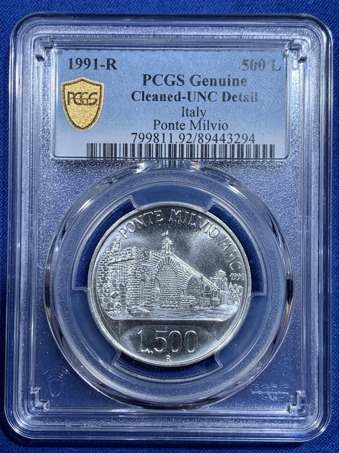 《竞宝斋》第421场 周日，周一，周二  3场连拍 （全场包邮） PCGS UNCD 意大利1991年罗马米尔维奥桥500里拉银币 原册拆出来的，给了UNC......