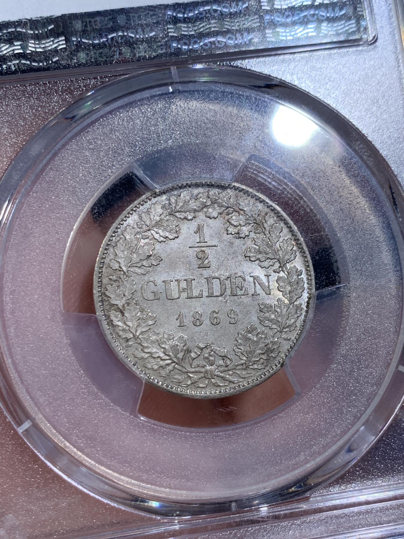 《竞宝斋》第421场 周日，周一，周二  3场连拍 （全场包邮） PCGS MS64 德国 1869年 巴伐利亚路德维希二世1/2古尔登银币 季军分 更高分仅两枚