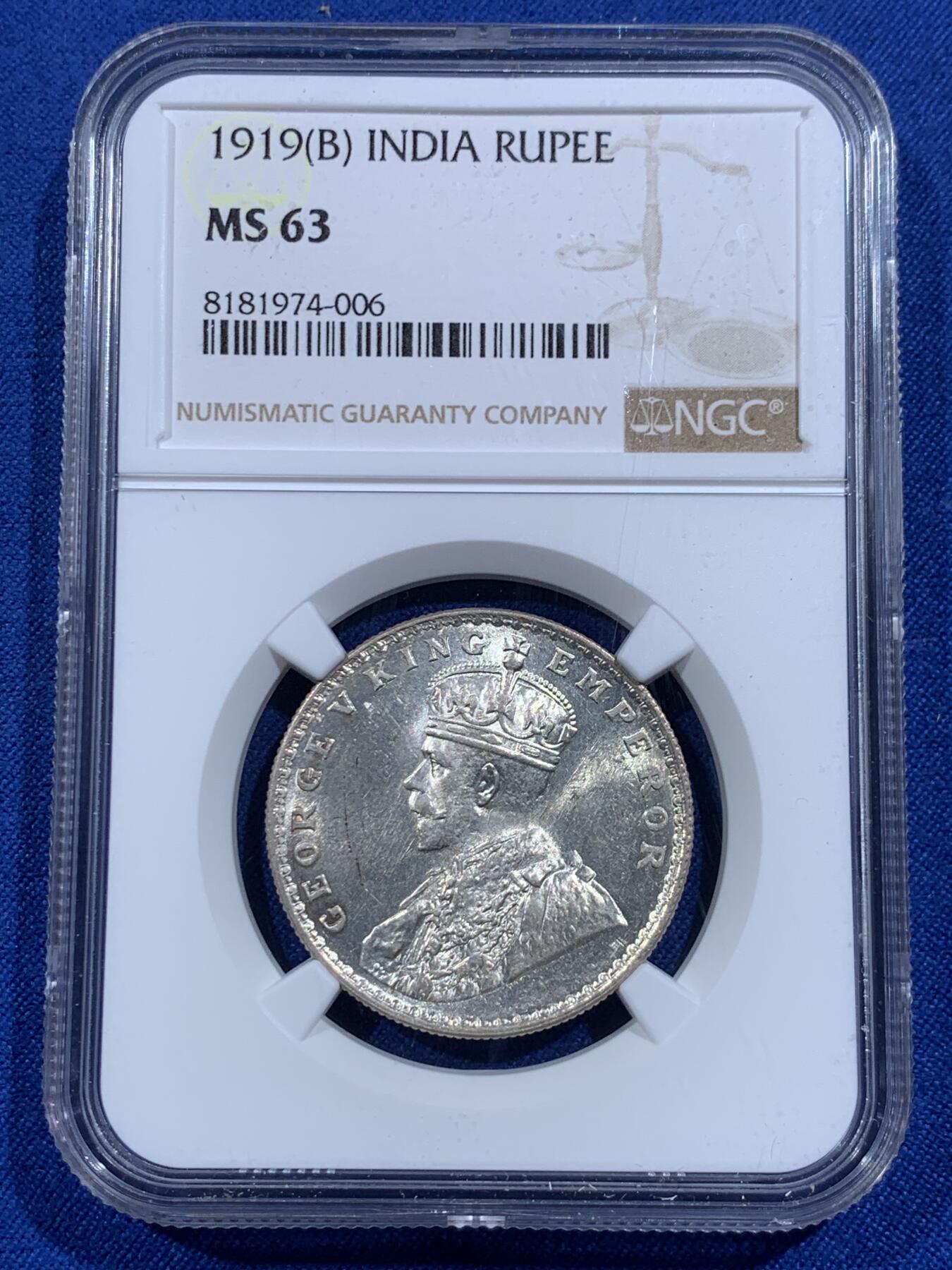 《竞宝斋》第421场 周日，周一，周二  3场连拍 （全场包邮） NGC MS63 英属印度1919年乔治五世1卢比银币