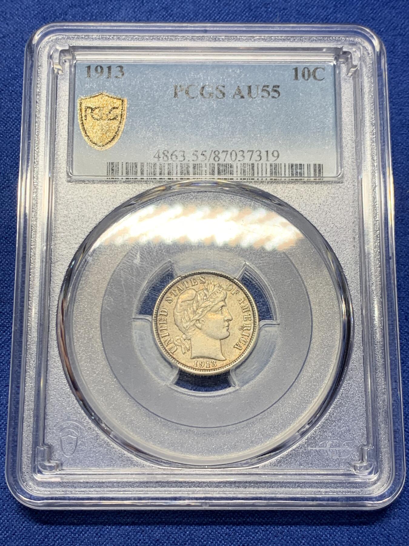 《竞宝斋》第421场 周日，周一，周二  3场连拍 （全场包邮） PCGS AU55 美国1913年巴伯10分银币 少见品种 淡彩