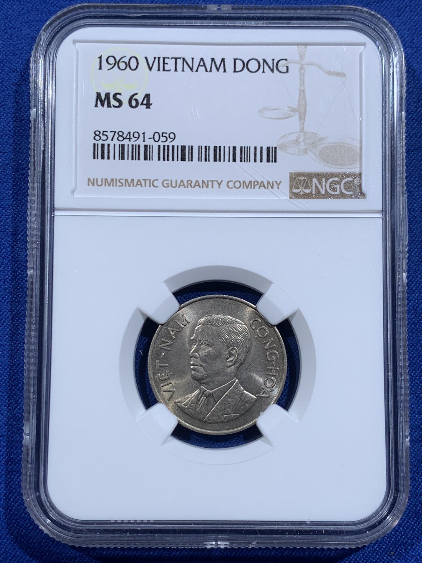 《竞宝斋》第421场 周日，周一，周二  3场连拍 （全场包邮） NGC MS64 越南1960年吴庭艳头像1DONG镍币