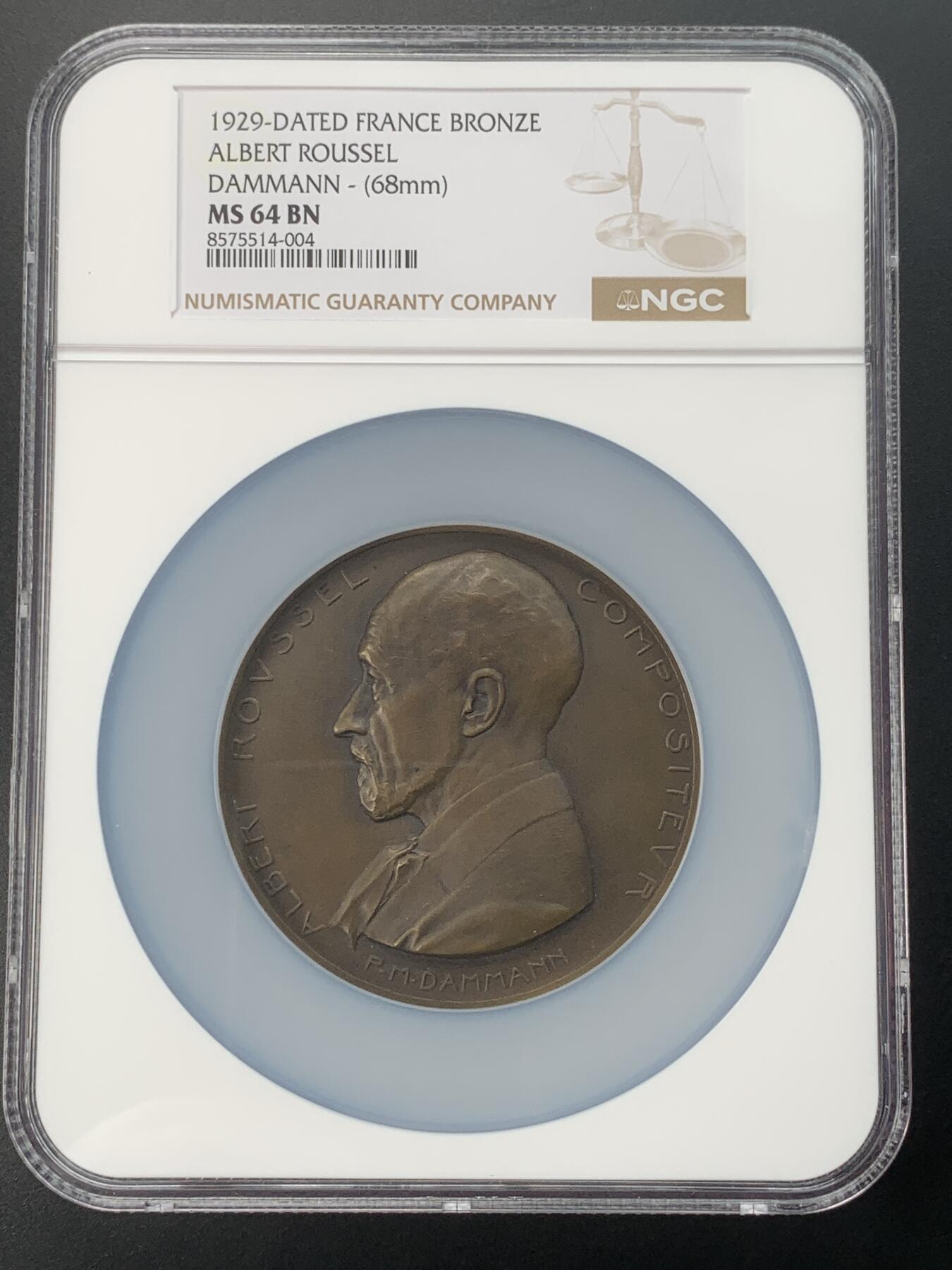 掌中浮雕-藏着的欧洲第036场 NGC MS64 : 1929年法国作曲家鲁塞尔纪念章 ，68mm