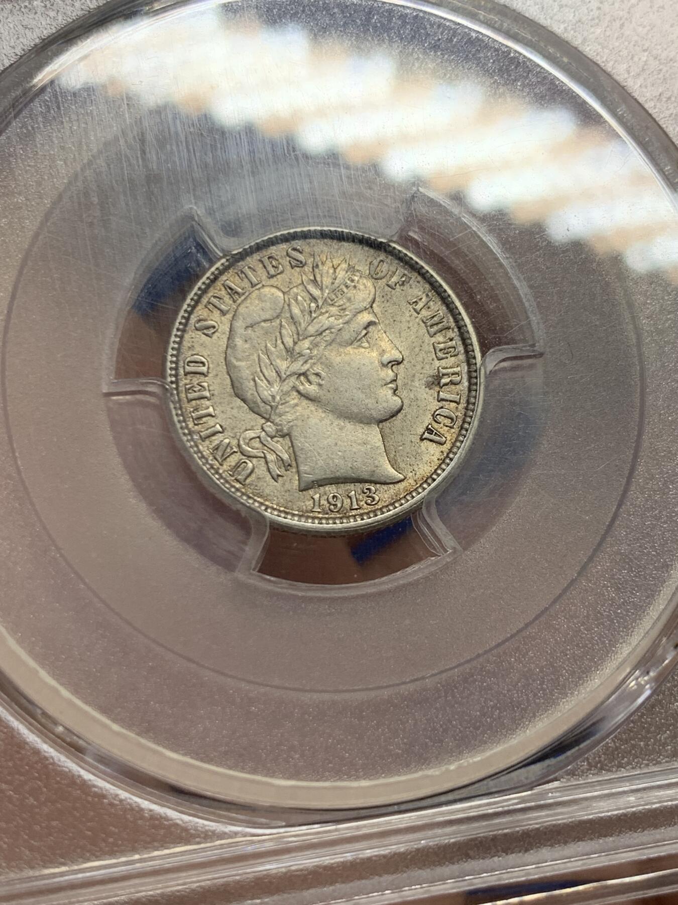 《竞宝斋》第421场 周日，周一，周二  3场连拍 （全场包邮） PCGS AU55 美国1913年巴伯10分银币 少见品种 淡彩