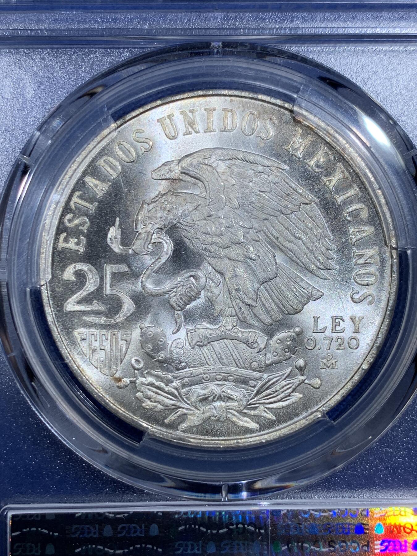 《竞宝斋》第421场 周日，周一，周二  3场连拍 （全场包邮） PCGS MS66 墨西哥1968年25比索奥运纪念 经典品种 卷拆品 两面爆光 银光赏心悦目 适合收藏