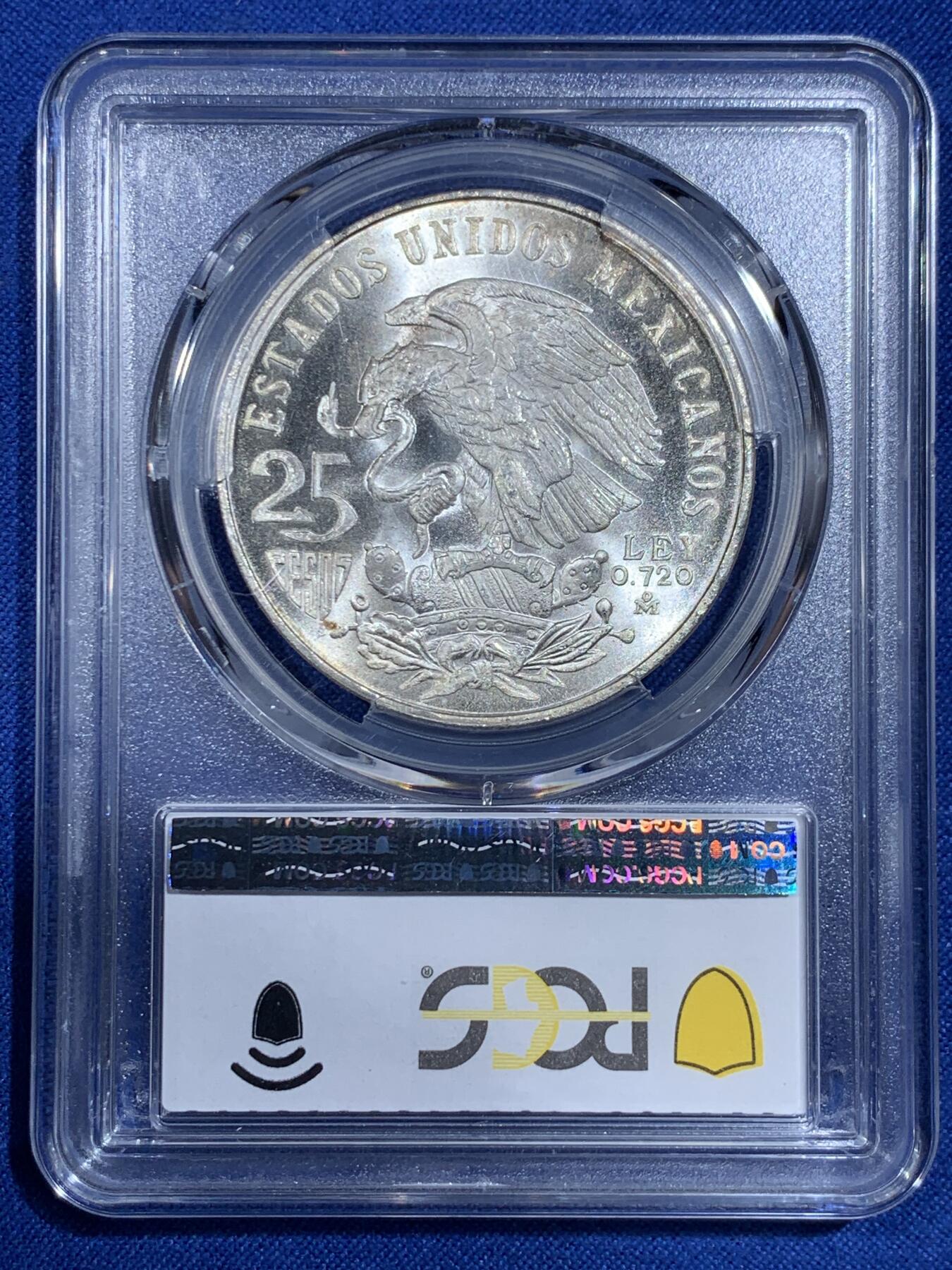 《竞宝斋》第421场 周日，周一，周二  3场连拍 （全场包邮） PCGS MS66 墨西哥1968年25比索奥运纪念 经典品种 卷拆品 两面爆光 银光赏心悦目 适合收藏