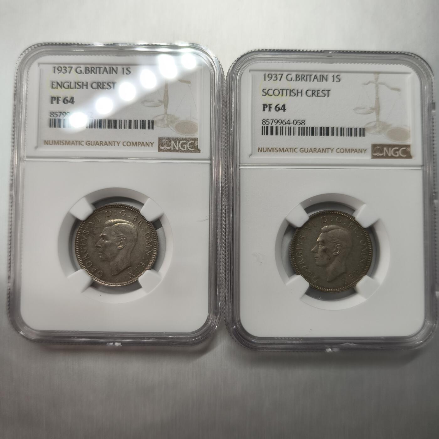 老蟹的宝藏🏴‍☠️ II-美国/奥地利/英国/其余国家评级币及散币 NGC PF64 英国1937年乔治六世精制1先令苏格兰和英格兰2枚一组