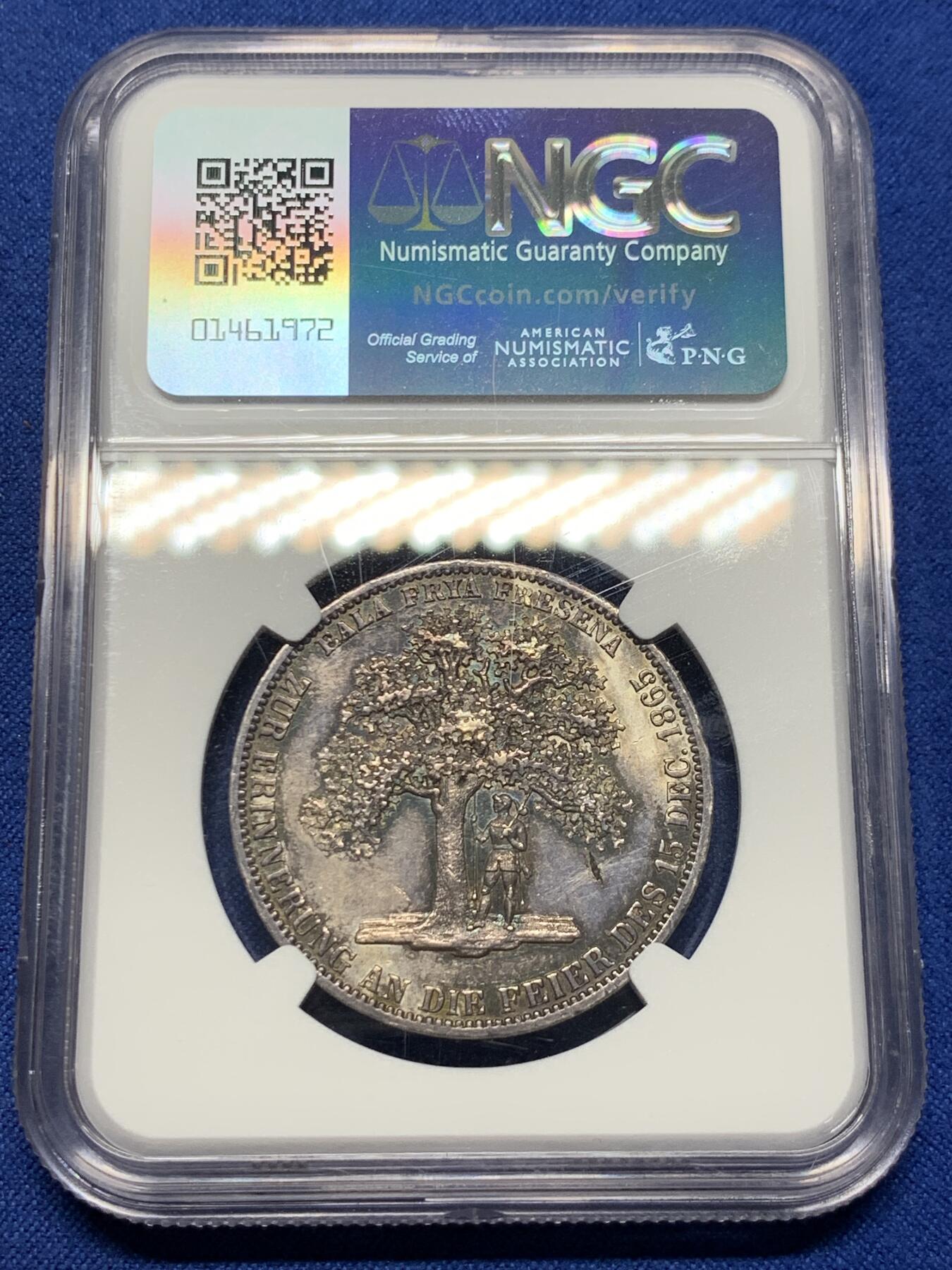 《竞宝斋》第421场 周日，周一，周二  3场连拍 （全场包邮） NGC MS62 德国 1865年 汉诺威 名誉品 橡树泰勒 细节状态好 原味带彩包浆 值得收藏
