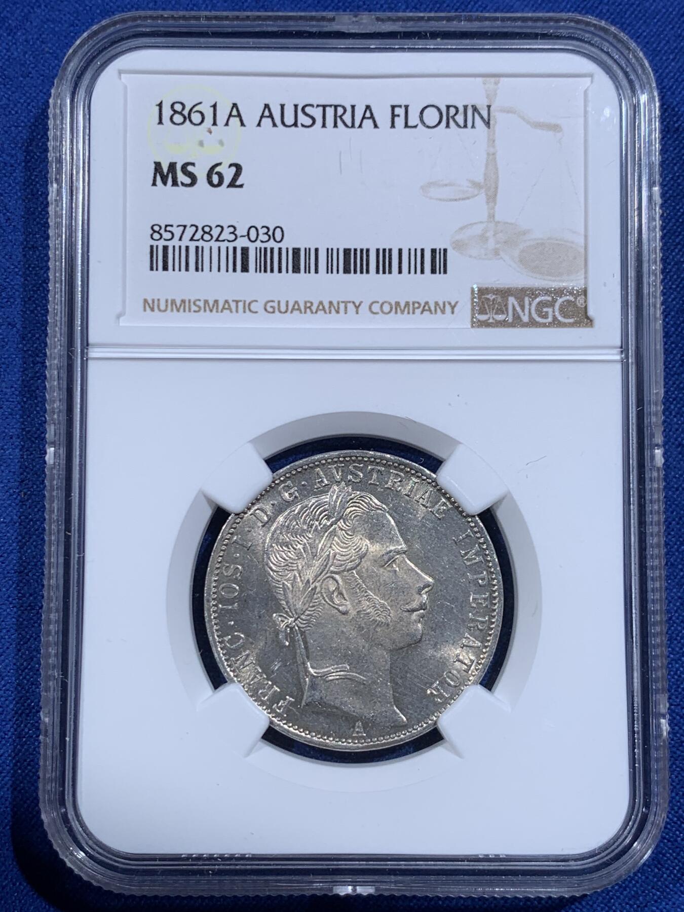 《竞宝斋》第421场 周日，周一，周二  3场连拍 （全场包邮） NGC MS62 奥地利1861年1弗洛林银币