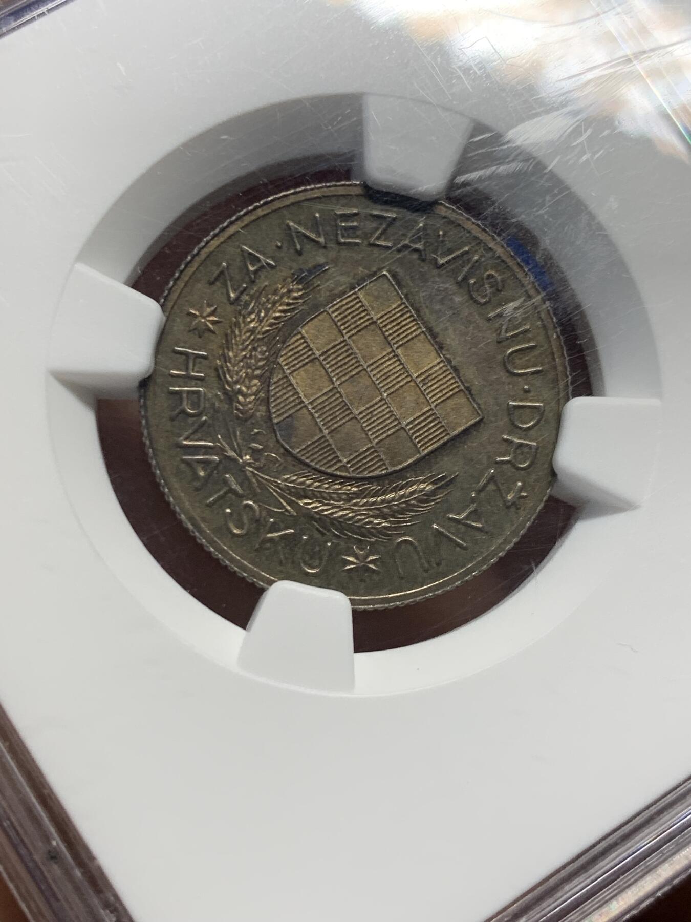 《竞宝斋》第421场 周日，周一，周二  3场连拍 （全场包邮） NGC MS63 克罗地亚 1934年 5库纳银币 克罗地亚解放运动发行 目录标号KM-PN7 稀少品种 HA8月底 62分的3600成交