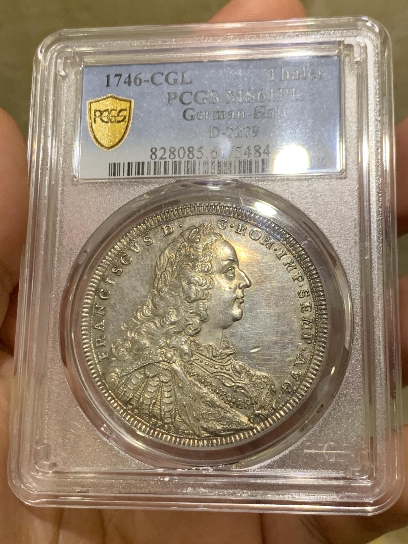 《竞宝斋》第421场 周日，周一，周二  3场连拍 （全场包邮） 稀少 PCGS MS61PL  德国 1746年 施韦比施哈尔市 弗朗茨一世泰勒银币 发行量只有800的名誉品种 两年前普通MS61成交14000，MS63PL成交价达到42000