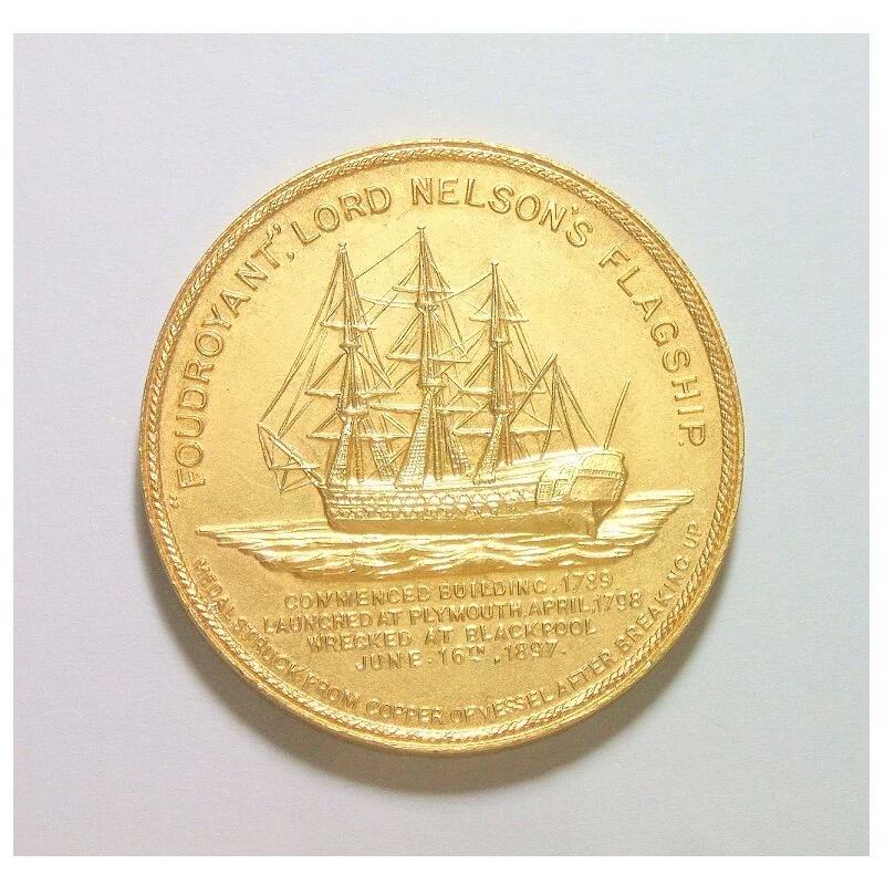 英国1897年特拉法加海战 纳尔逊+胜利号高浮雕精制镀金章 40MM