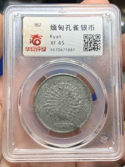 《竞宝斋》第421场 周日，周一，周二  3场连拍 （全场包邮） - 华夏 XF45分 缅甸1852孔雀银币 羽毛还不错 眼睛尚能看见