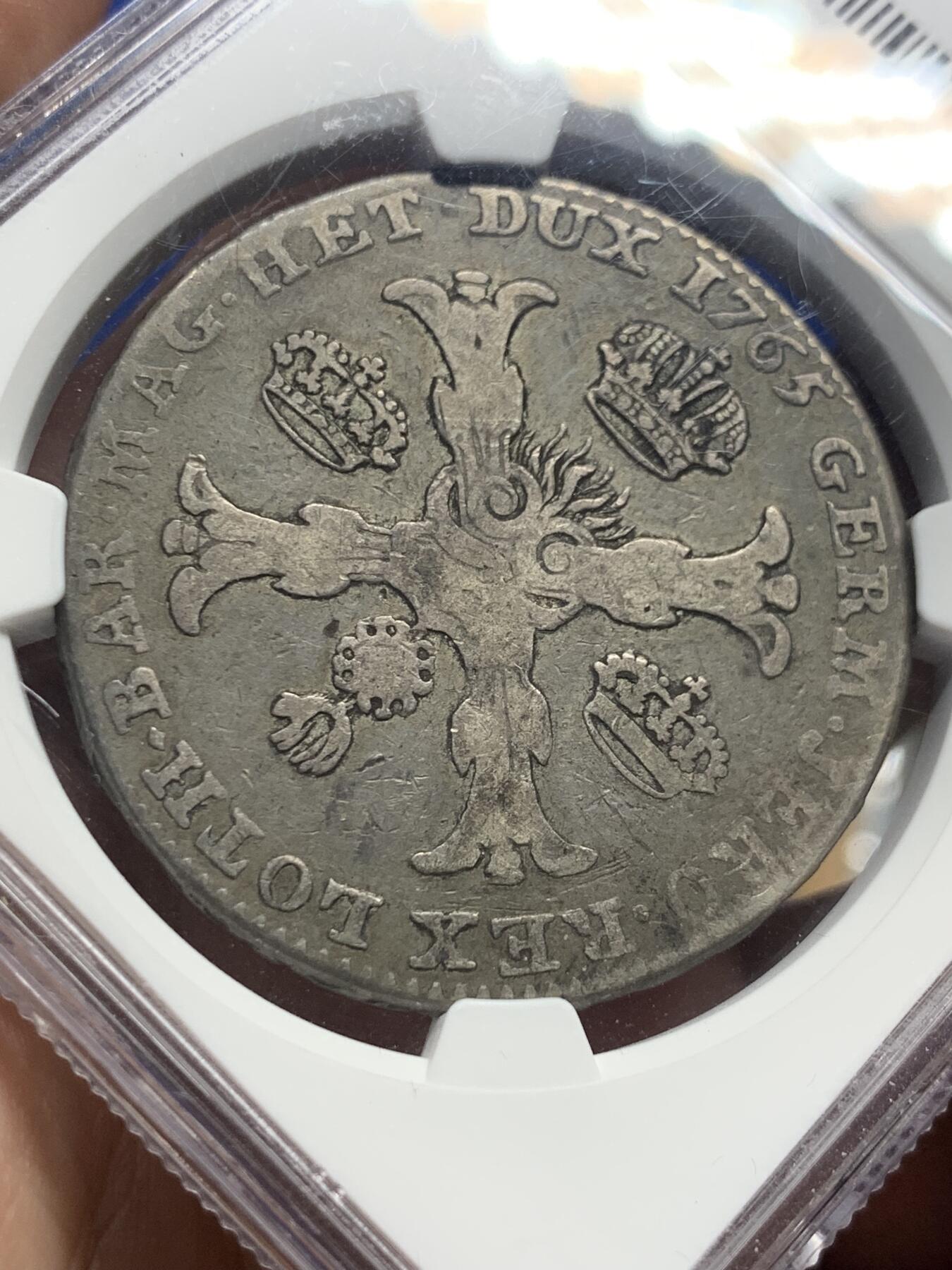 《竞宝斋》第421场 周日，周一，周二  3场连拍 （全场包邮） NGC F15 奥属尼德兰1765年1KT银币