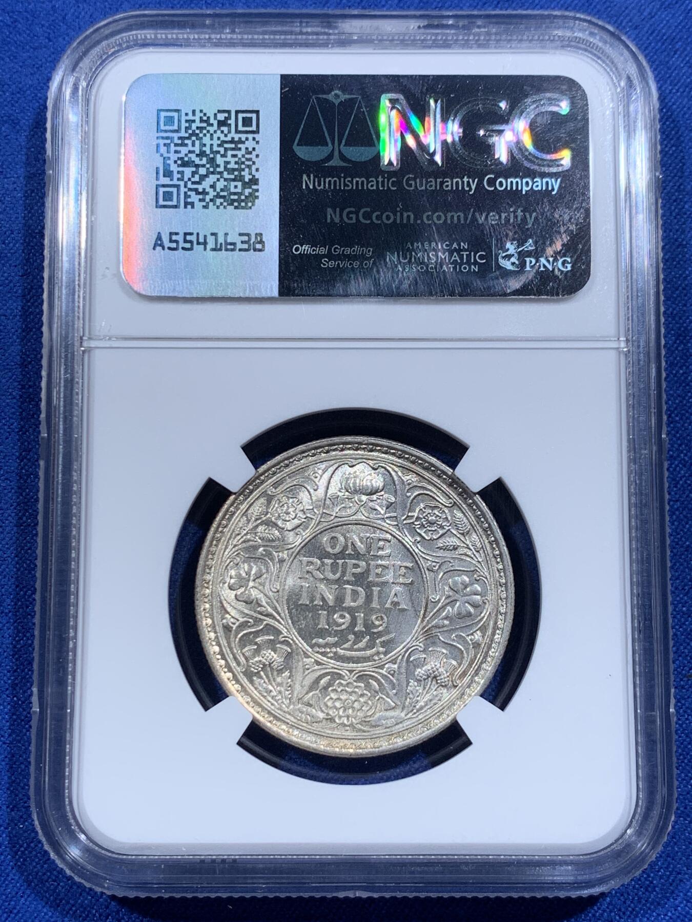 《竞宝斋》第421场 周日，周一，周二  3场连拍 （全场包邮） NGC MS63 英属印度1919年乔治五世1卢比银币