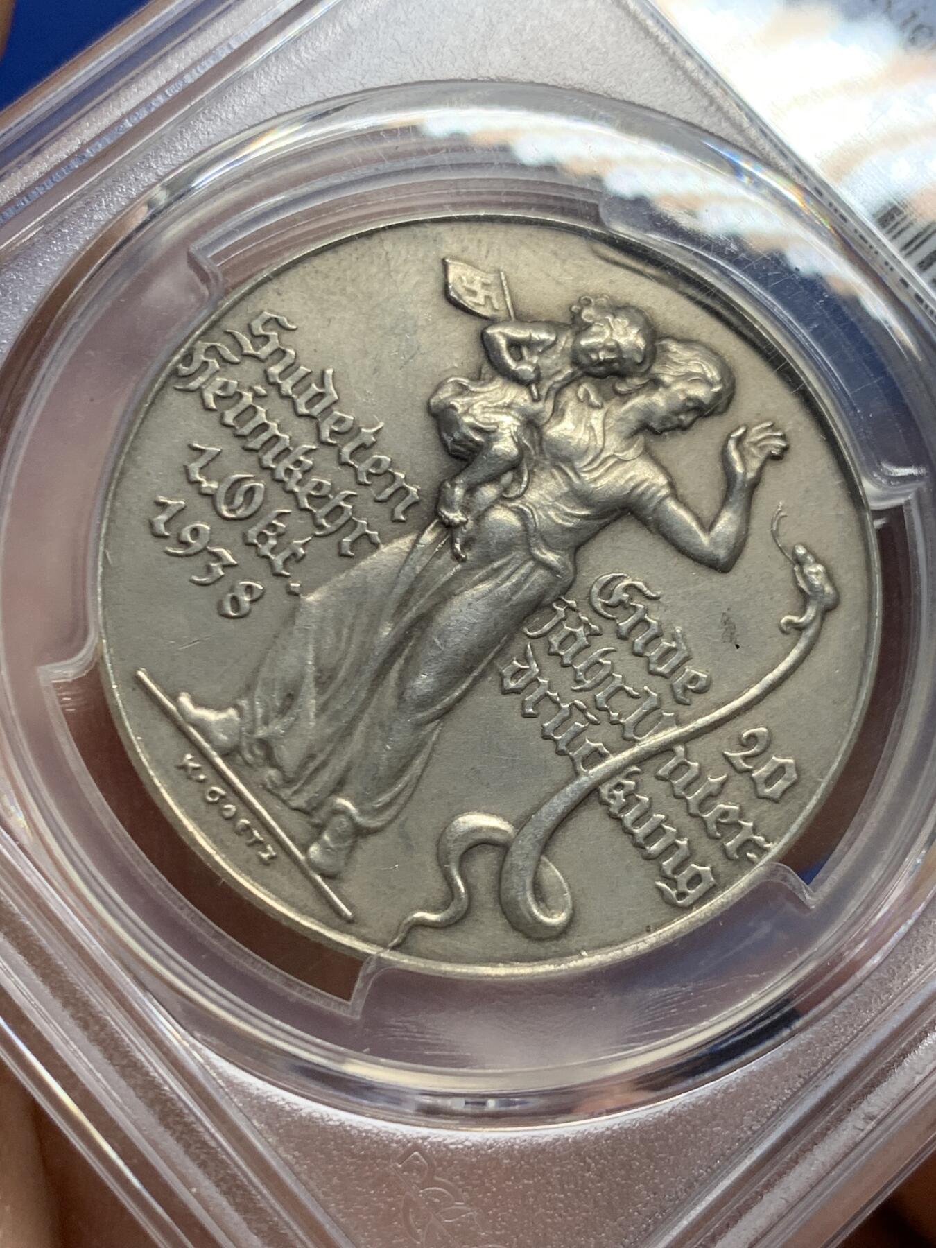 《竞宝斋》第421场 周日，周一，周二  3场连拍 （全场包邮） PCGS SP64 德国 1938年 德国攻占苏台德地区纪念银章 卡茨二战名誉品章 经典设计 正面有讽刺意味 该章应该不用多介绍 懂的都懂 卡茨章持续上涨品种