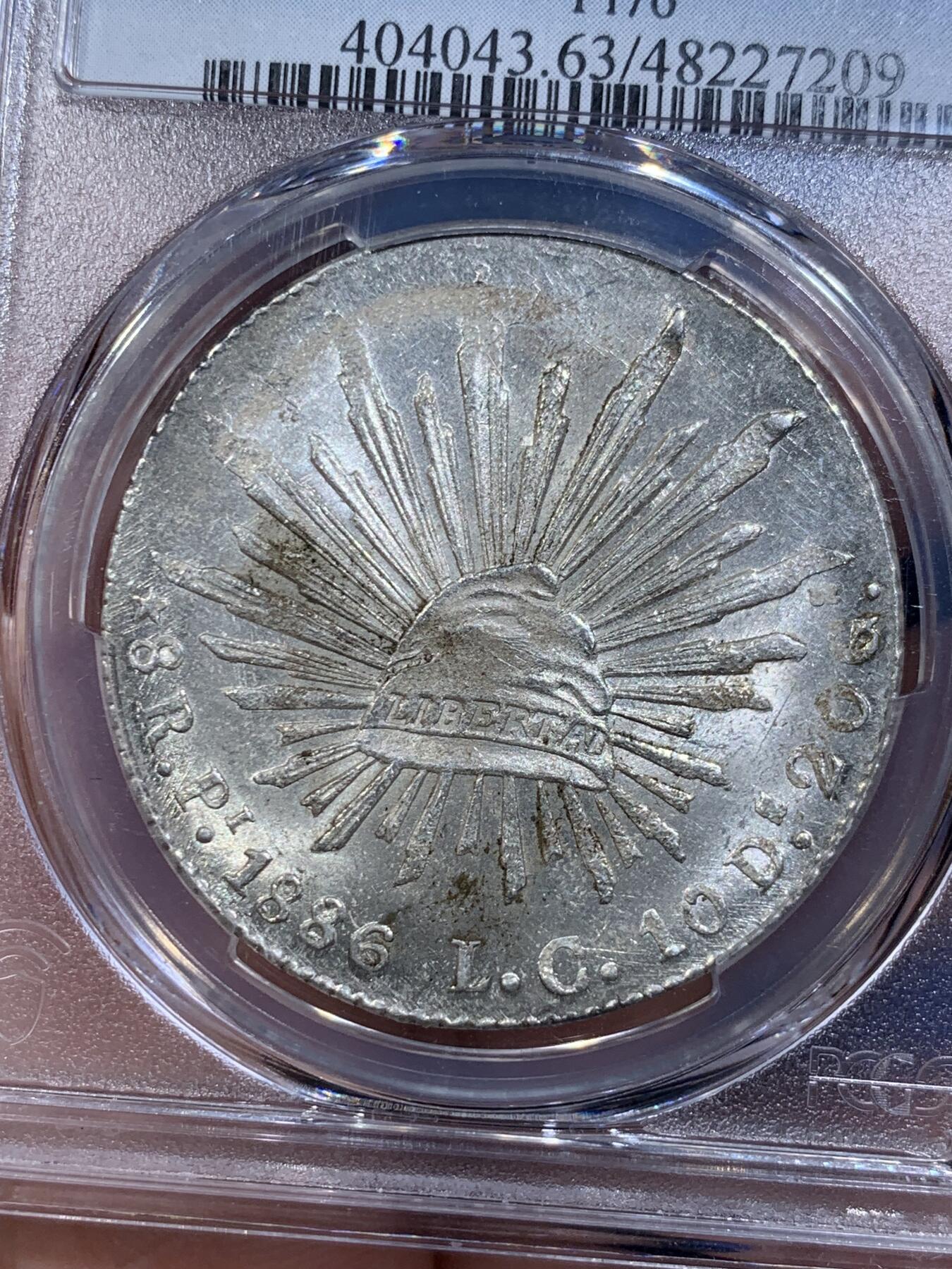 《竞宝斋》第421场 周日，周一，周二  3场连拍 （全场包邮） PCGS MS63 墨西哥1886年鹰洋8瑞尔 圣路易斯波托西PI厂 鉴定师LC 转光佳 少见厂别 高分极少 更高仅3枚