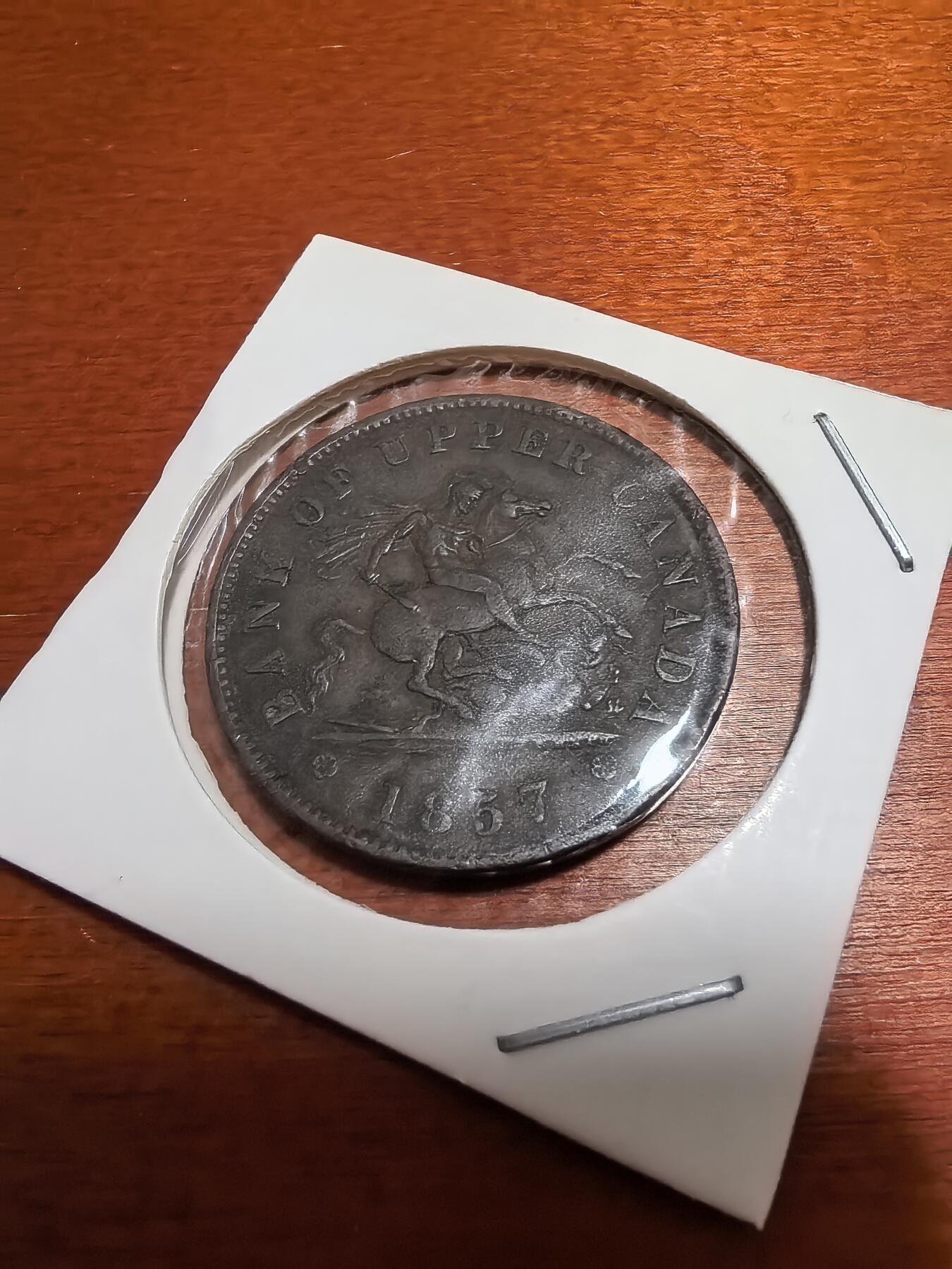 长老汇蛇年精选第五十一场拍卖 1857 加拿大上加拿大银行1便士铜币，背经典马剑形象