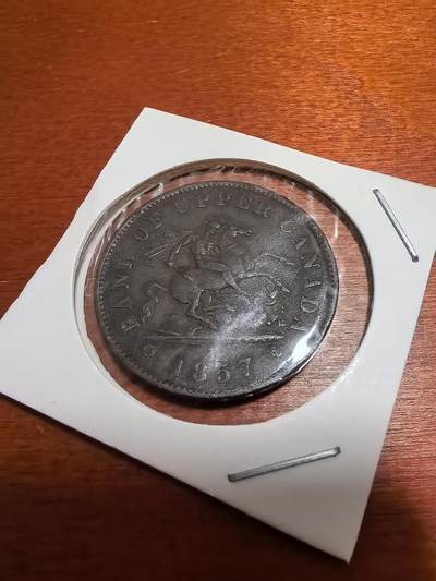 长老汇蛇年精选第五十一场拍卖 - 1857 加拿大上加拿大银行1便士铜币，背经典马剑形象