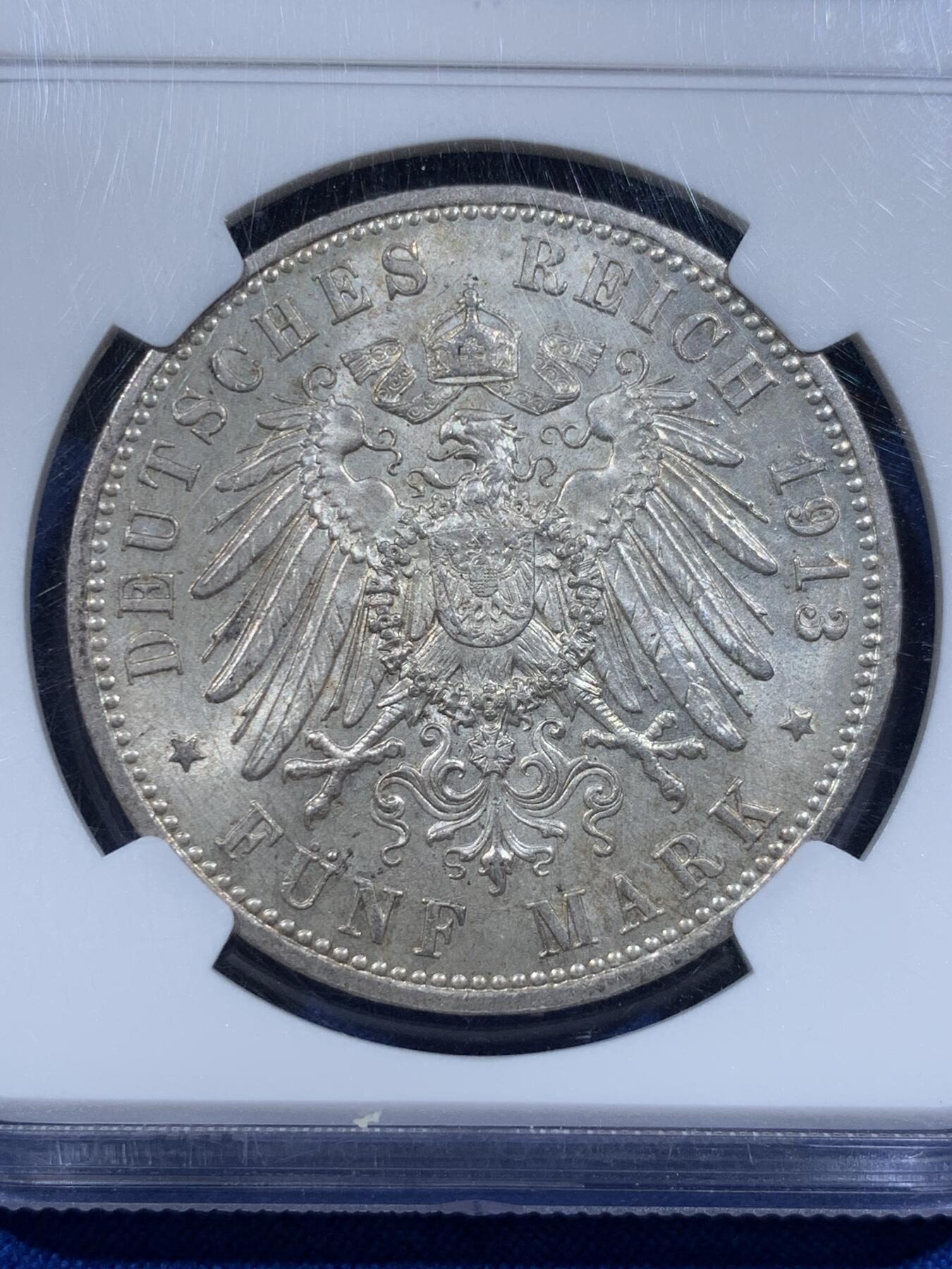 《竞宝斋》第421场 周日，周一，周二  3场连拍 （全场包邮） NGC MS64 德国1913威廉二世军装5马克 常见品种高分难得，双面淡淡黄油彩。ngc更高分仅10枚。