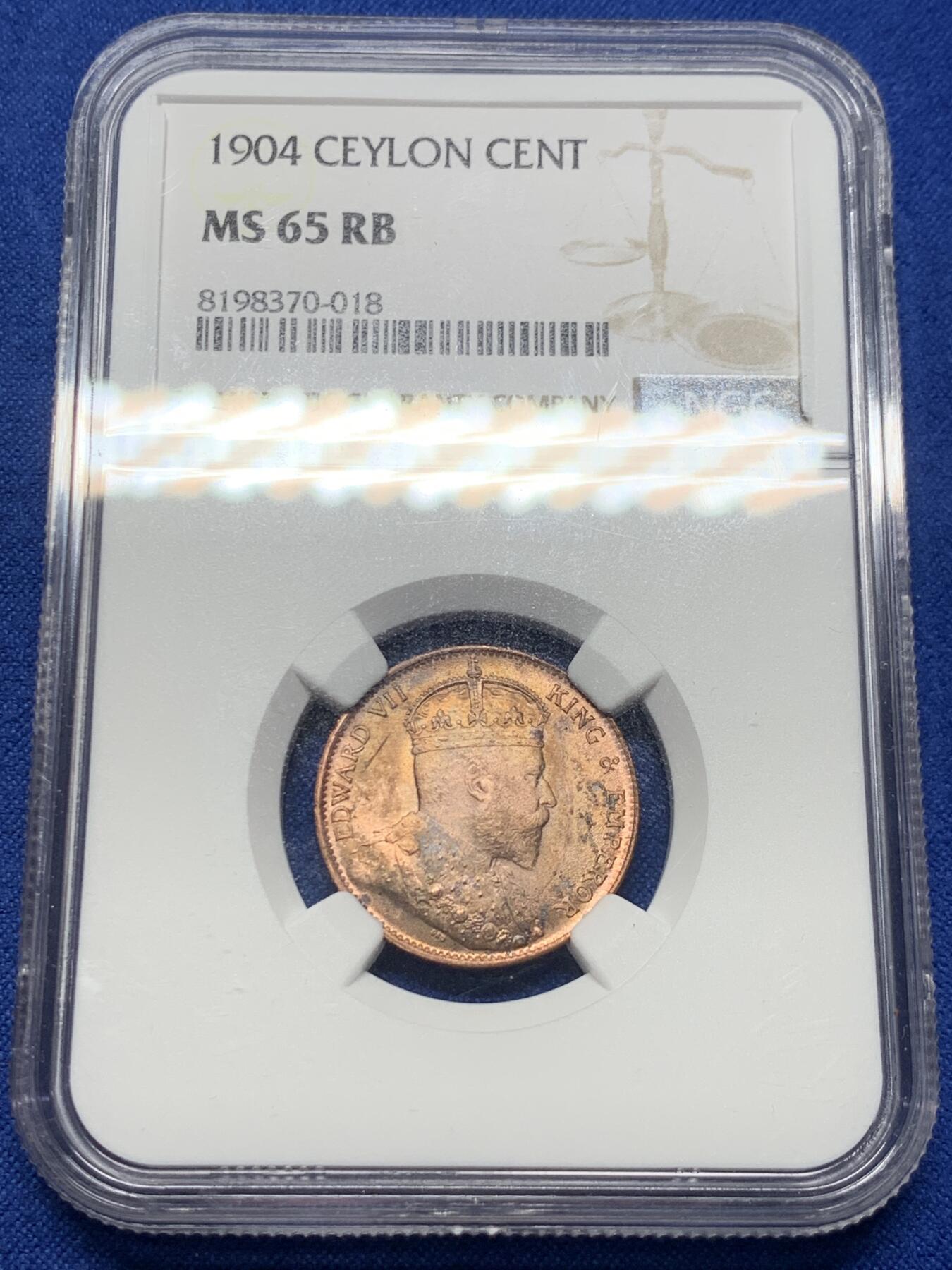 《竞宝斋》第421场 周日，周一，周二  3场连拍 （全场包邮） NGC MS65RB 英属锡兰1904年爱德华七世1分铜币 高分