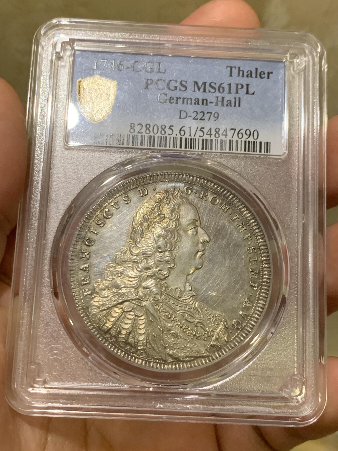 《竞宝斋》第421场 周日，周一，周二  3场连拍 （全场包邮） 稀少 PCGS MS61PL  德国 1746年 施韦比施哈尔市 弗朗茨一世泰勒银币 发行量只有800的名誉品种 两年前普通MS61成交14000，MS63PL成交价达到42000