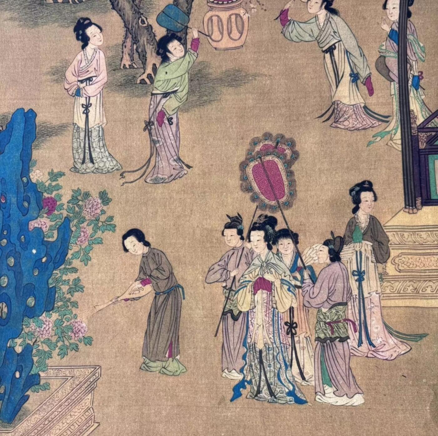 听雨轩 名人书画卷轴 仇英百美图 蓝光防伪 荣宣斋字画收藏220/30cm