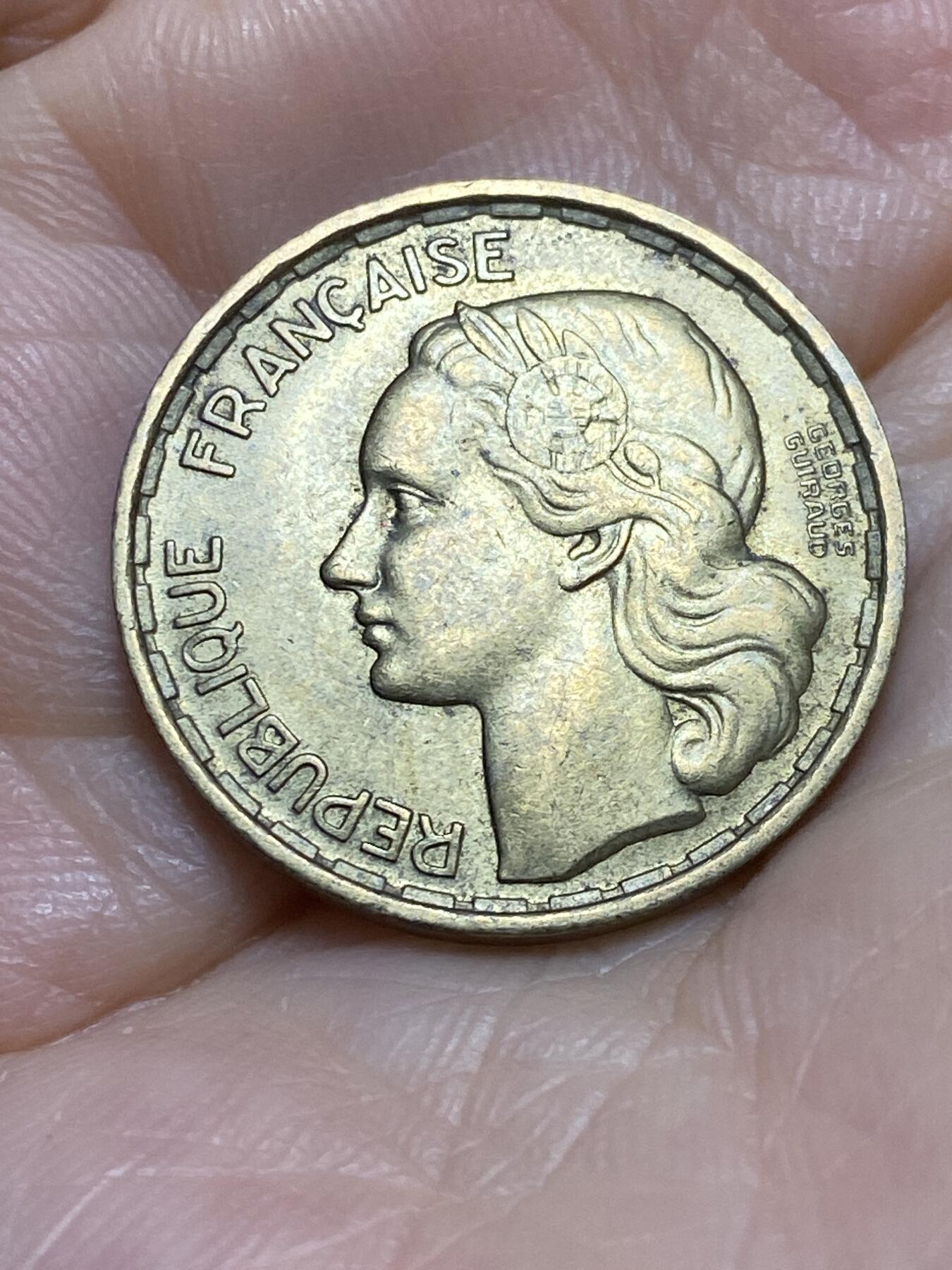 2025年第九十五场(总第一百二十一场）外国好品散币(免佣金) 少见版本好品–法兰西第三共和国1950单年份20法郎(头像后双排字，3羽版)