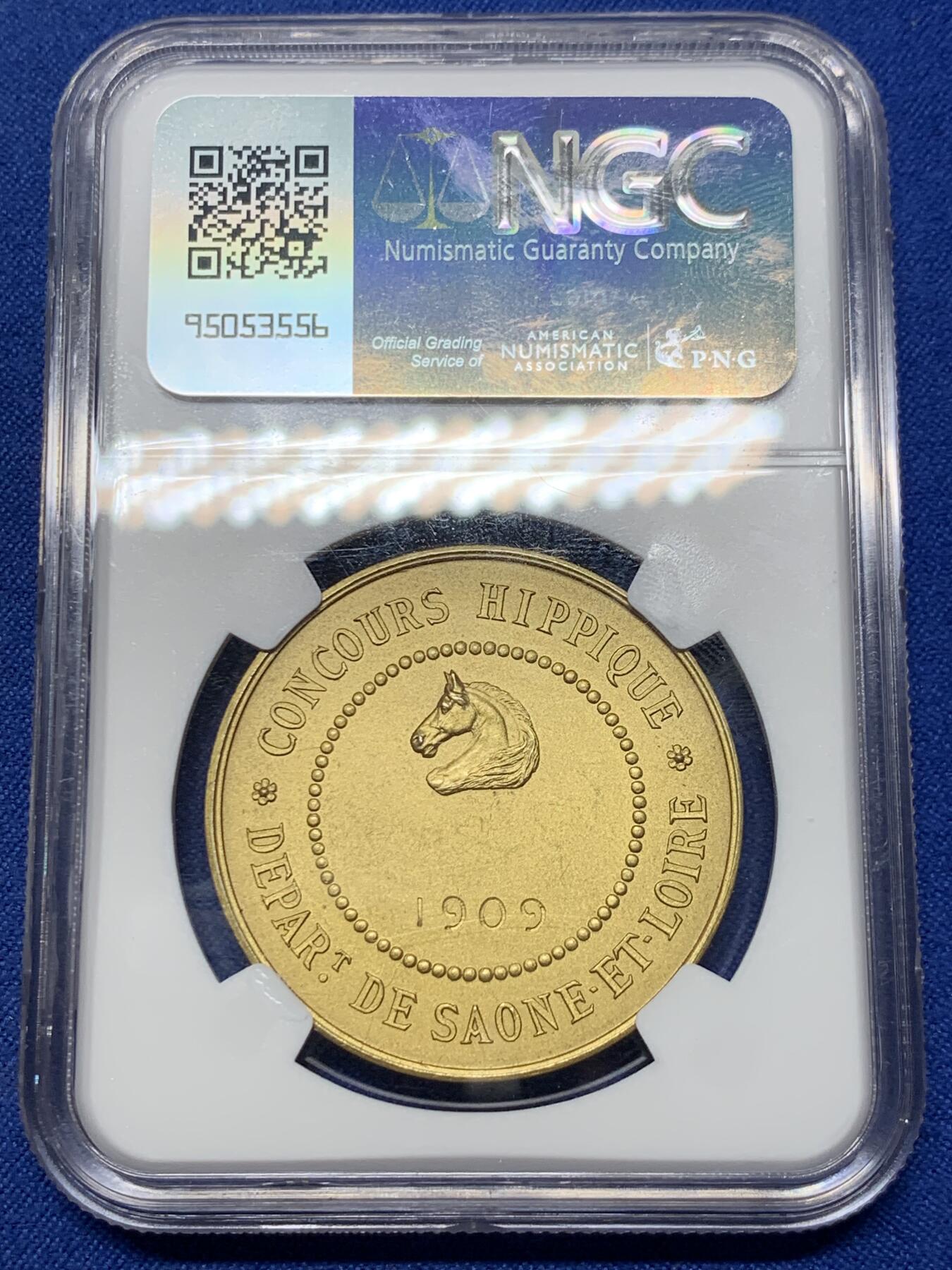 《竞宝斋》第422场 周日，周一，周二  3场连拍 （全场包邮） NGC MS64 法国1909年马术协会镀金纪念银章