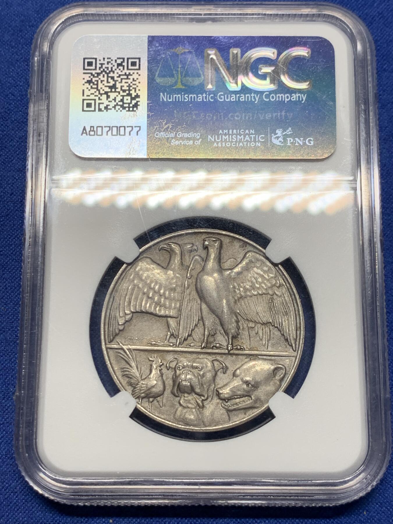 《竞宝斋》第422场 周日，周一，周二  3场连拍 （全场包邮） NGC MS64 德国1914年一战联盟开战纪念银章 德国(鹰）、奥地利(双头鹰）同盟对抗法国（鸡）、英国（狗）、俄国（熊）