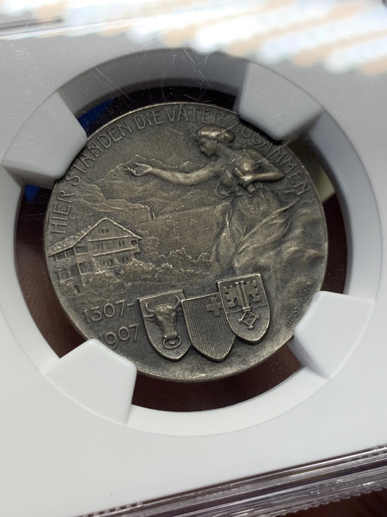 《竞宝斋》第422场 周日，周一，周二  3场连拍 （全场包邮） NGC MS64 瑞士1907年施维茨抵抗奥地利胜利600周年纪念银章
