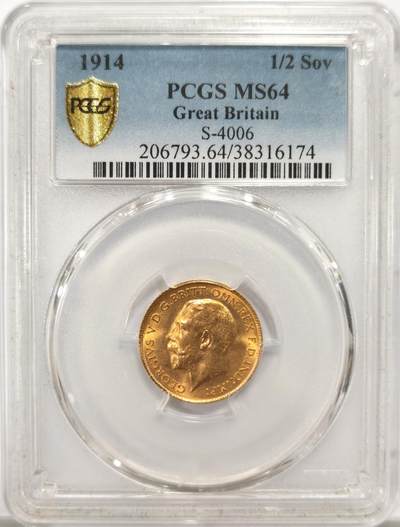 博洋堂“良辰美钰”中秋国庆双节精品专场暨第141期（全场包邮） - PCGS MS64 英国1914年乔治五世1/2索维林金币