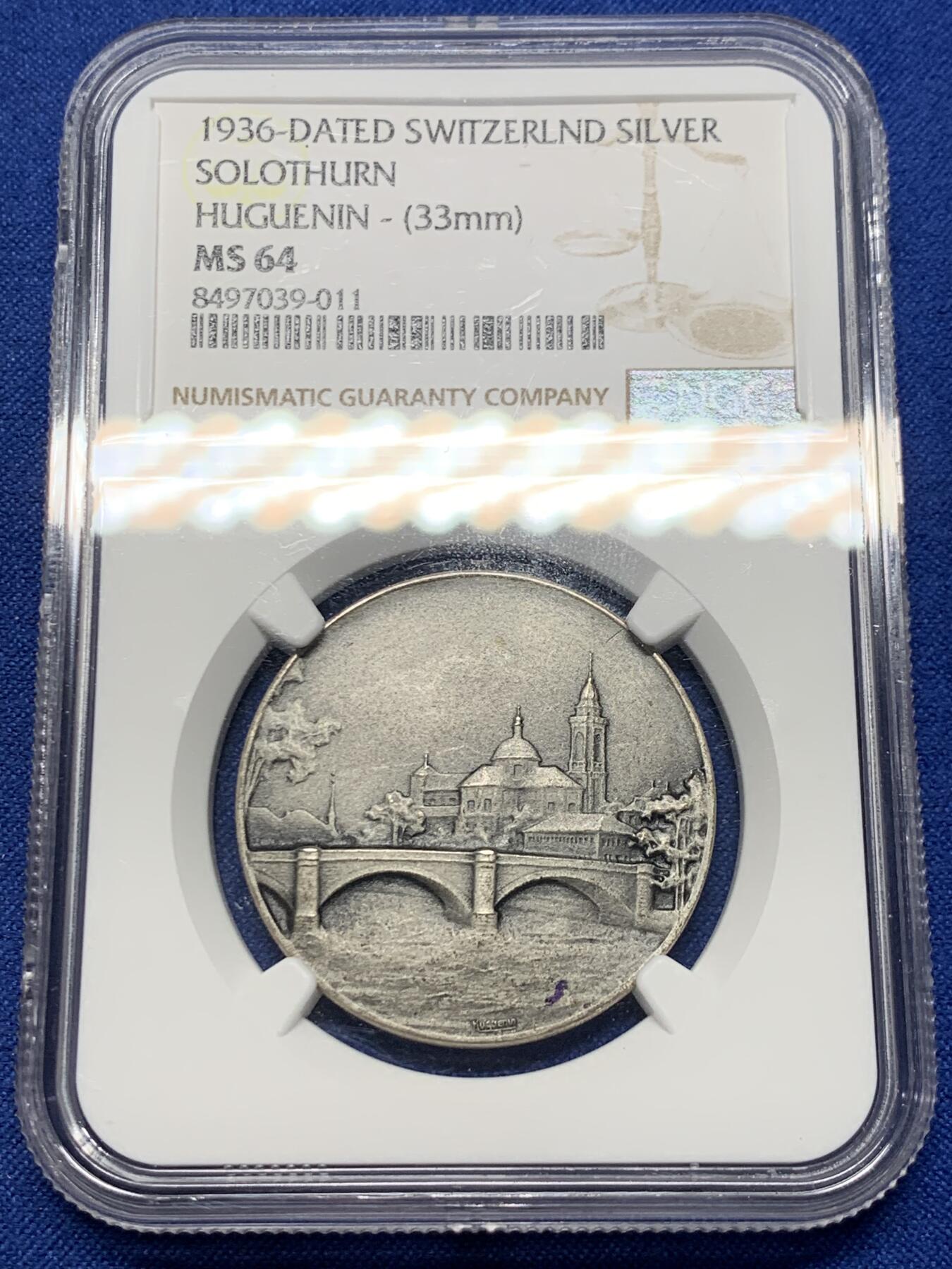 《竞宝斋》第422场 周日，周一，周二  3场连拍 （全场包邮） NGC MS64 瑞士1936年索洛图恩州景观纪念银章