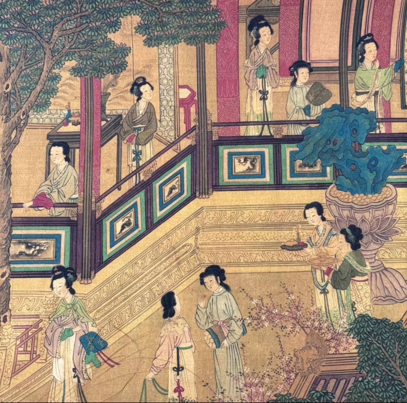 听雨轩 名人书画卷轴 仇英百美图 蓝光防伪 荣宣斋字画收藏220/30cm
