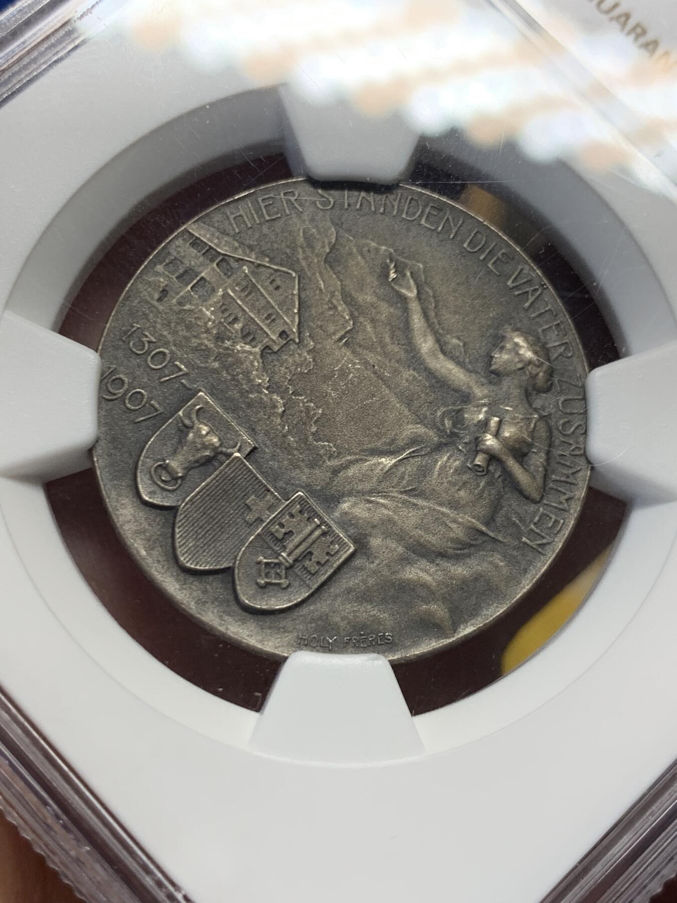 《竞宝斋》第422场 周日，周一，周二  3场连拍 （全场包邮） NGC MS64 瑞士1907年施维茨抵抗奥地利胜利600周年纪念银章