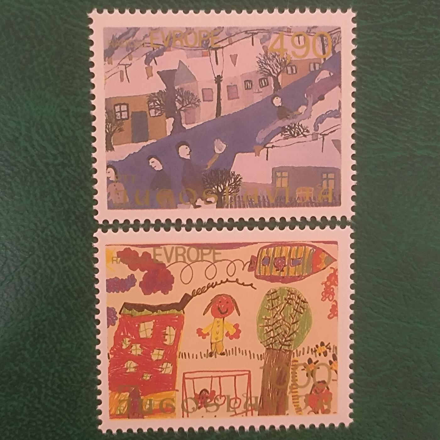 南斯拉夫 1979年儿童画2全 《欧洲》《雪地》保真外国邮票