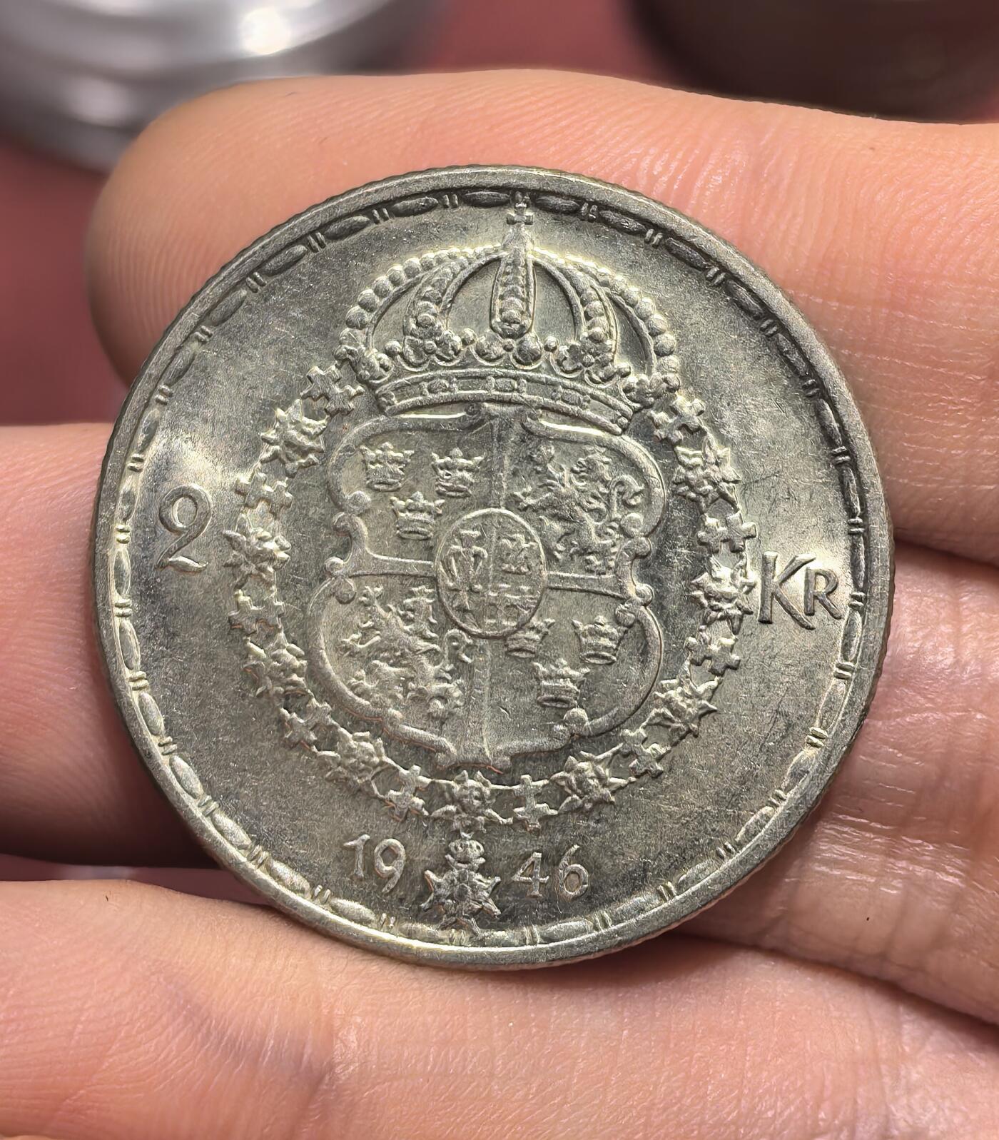 南宋泉阁俄币 外币 国币 专场第十七期 国庆中秋大拍 10.9发货【送拍无额外佣金】 瑞典 1946年 古斯塔夫五世2克朗银币 14g 400银 好品