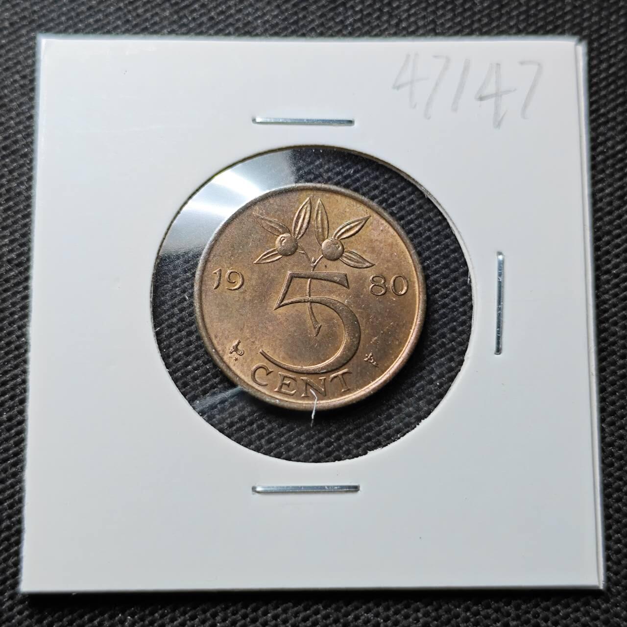 KK钱币收藏小铺 第347场 2月预留时间 周末发货 1980荷兰5分 好品