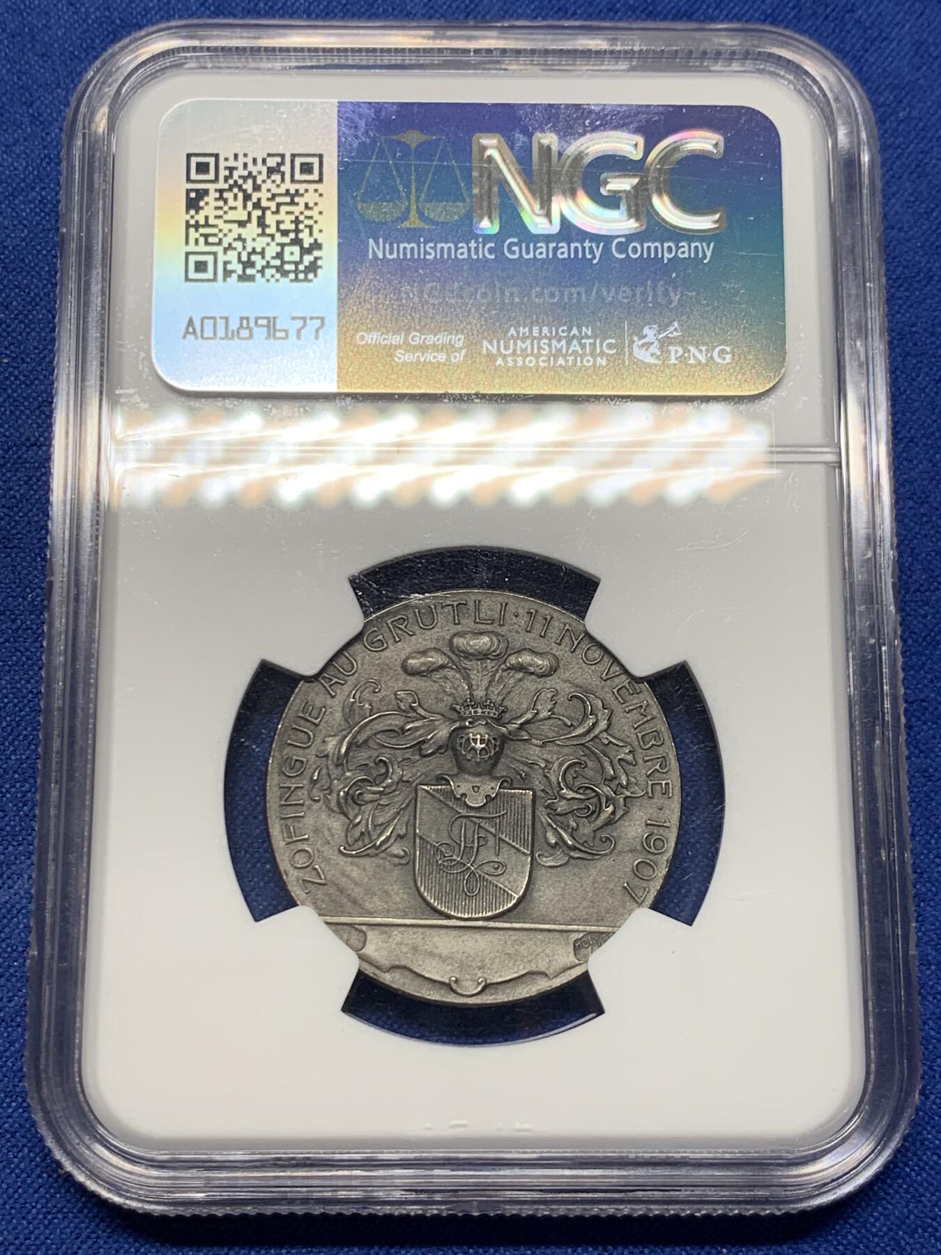 《竞宝斋》第422场 周日，周一，周二  3场连拍 （全场包邮） NGC MS64 瑞士1907年施维茨抵抗奥地利胜利600周年纪念银章