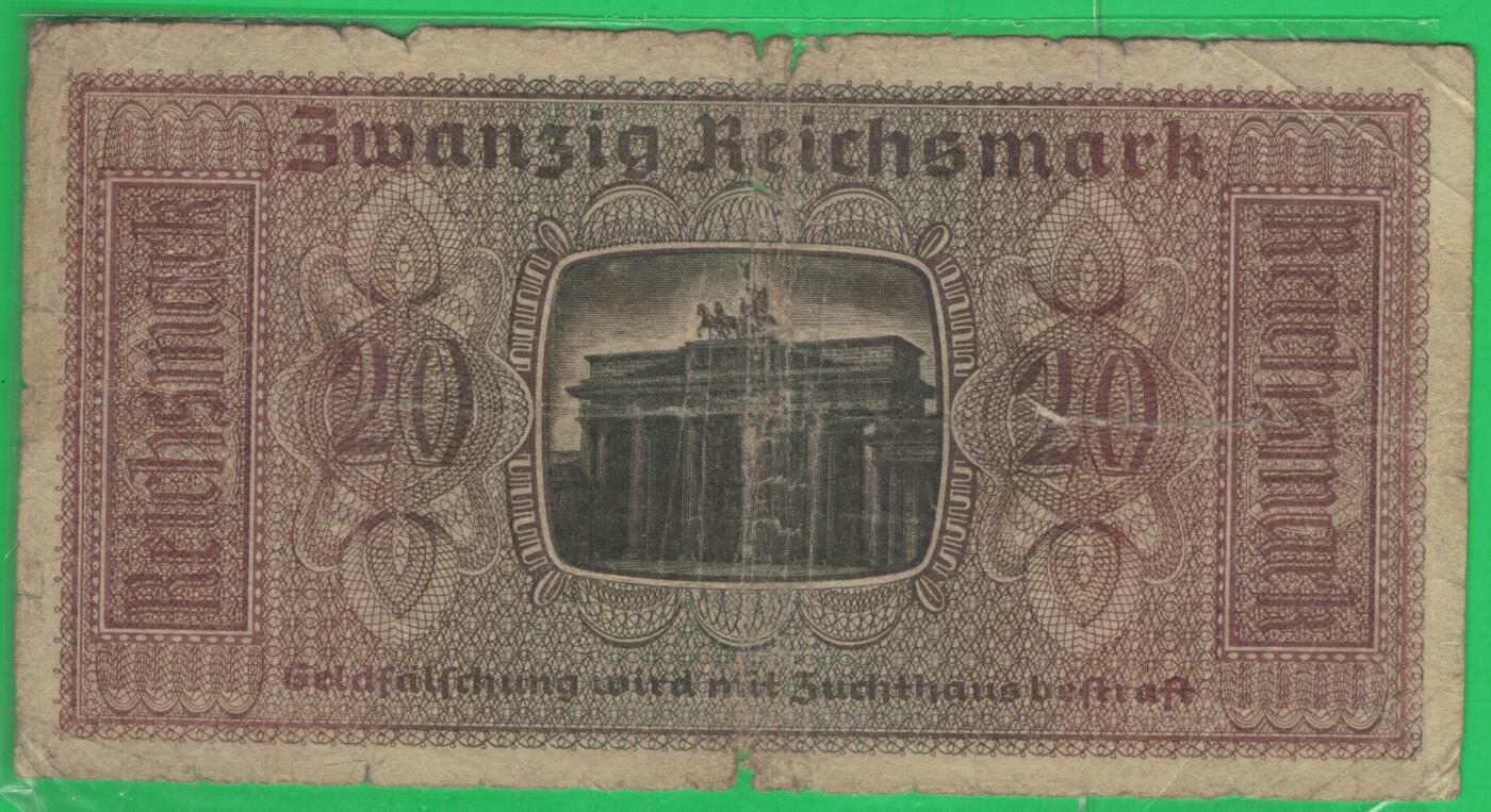德国1940年至1945年20帝国马克(二战时期) P-R139 欧洲纸币 实物图