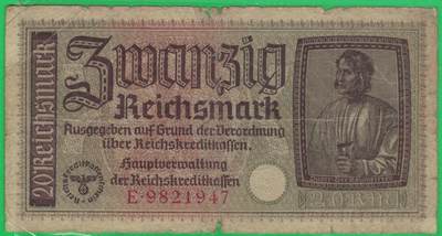 德国1940年至1945年20帝国马克(二战时期) P-R139 欧洲纸币 实物图 - 德国1940年至1945年20帝国马克(二战时期) P-R139 欧洲纸币 实物图