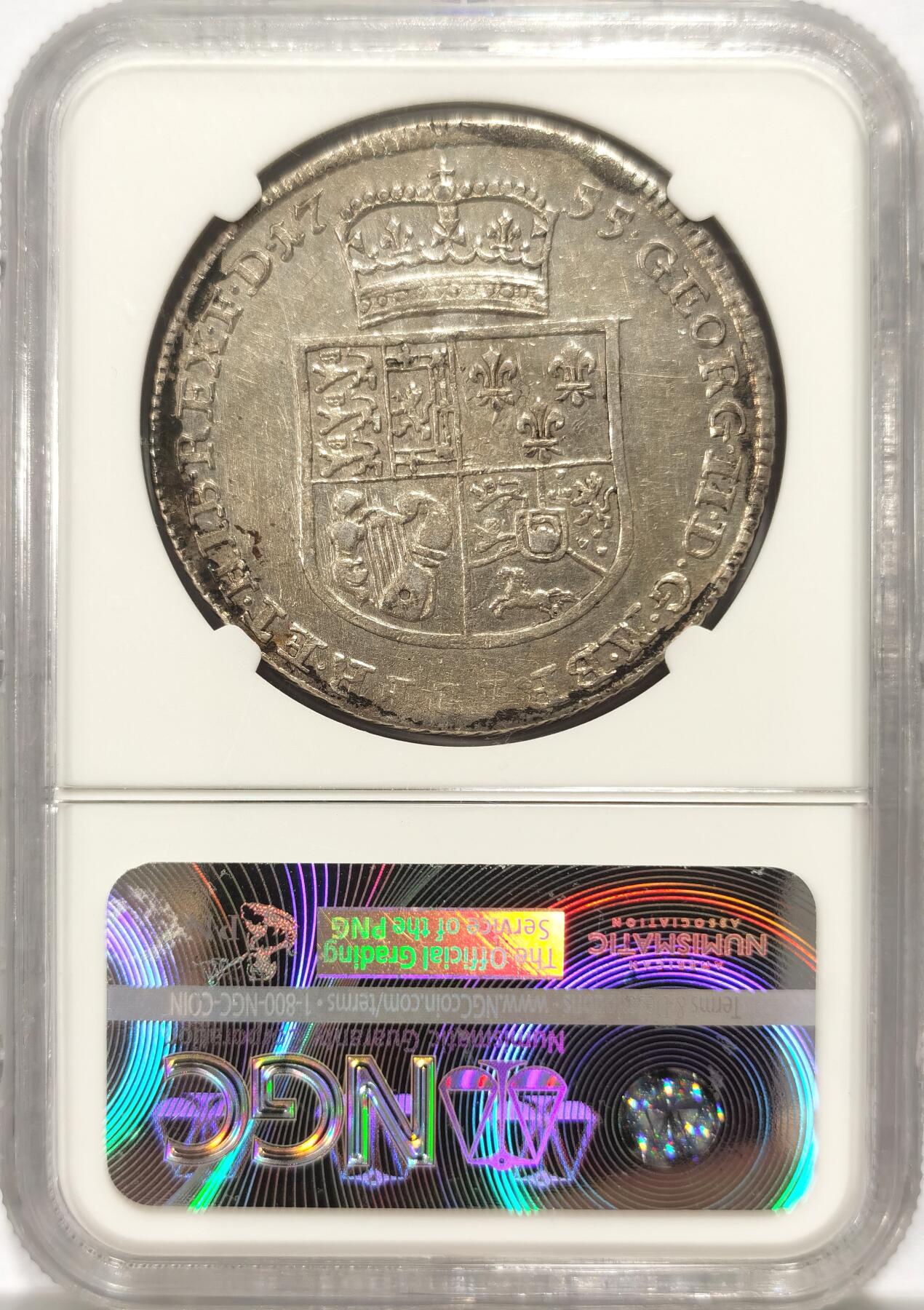 博洋堂“良辰美钰”中秋国庆双节精品专场暨第141期（全场包邮） NGC AU55 德国1755年布伦瑞克 吕内堡 乔治三世泰勒 1714年汉诺威选帝侯乔治一世依据《嗣位法》继承英国王位，而汉诺威王室源之于德国13世纪的吕内堡公爵，因此背后的徽章带有英伦的风格，这在德国泰勒当中不多见的，很特别，很有意义