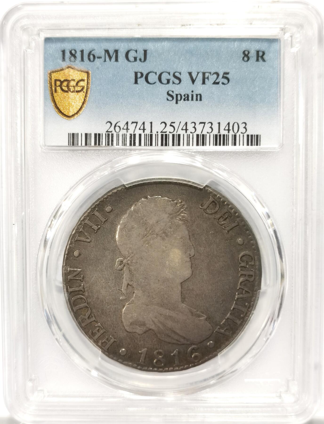 博洋堂世界钱币拍卖第149期（全场包邮） PCGS VF25 西班牙本土费迪南七世 马德里造币厂 1816 8里亚尔 老黑彩包浆 低评 收藏之选 盒子背面卡槽有几处小磕损
