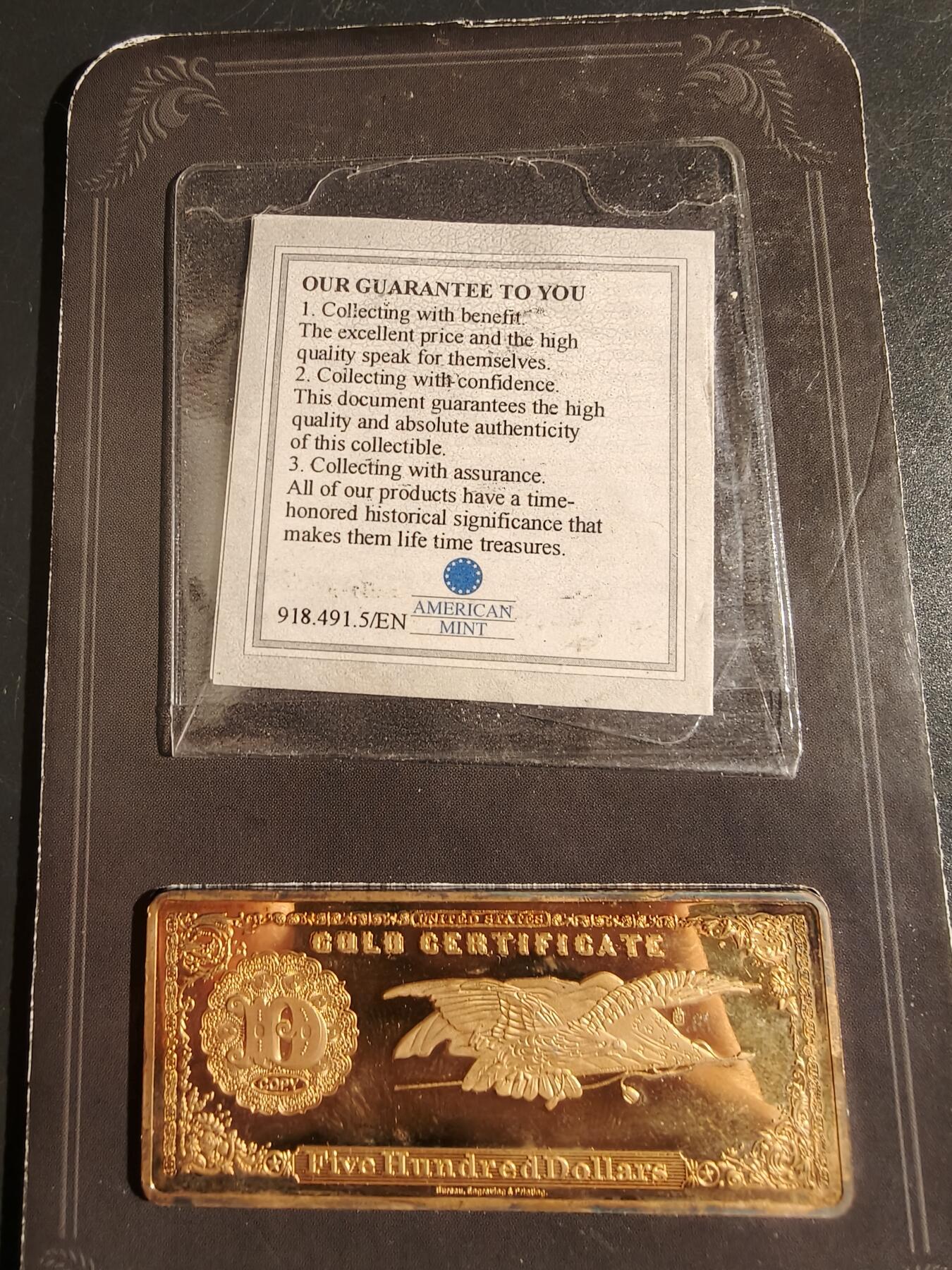 老王徽章第151期 美国1882年版500美元金币券纪念章     原盒（有损）  带证书    美国造币厂出品   带真品证书     尺寸70×28mm.   重量45.4g