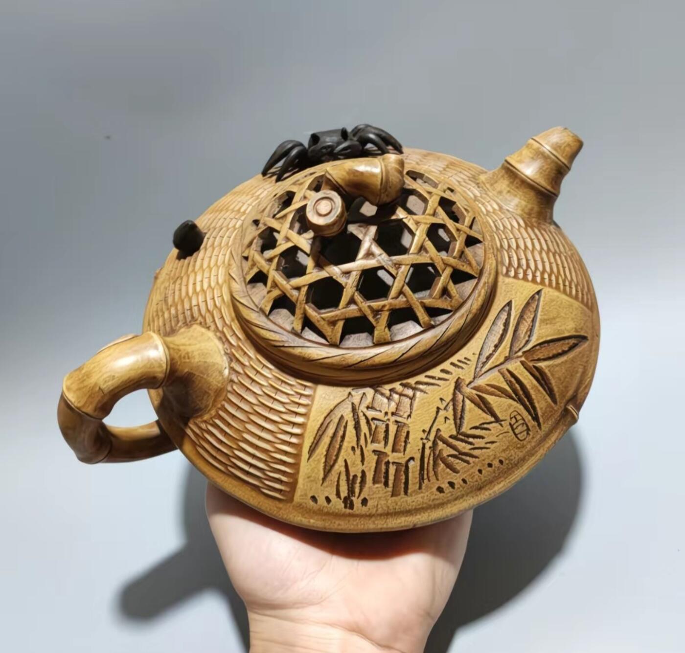 钱菊芳精品段泥蟹篓竹编手工紫砂壶